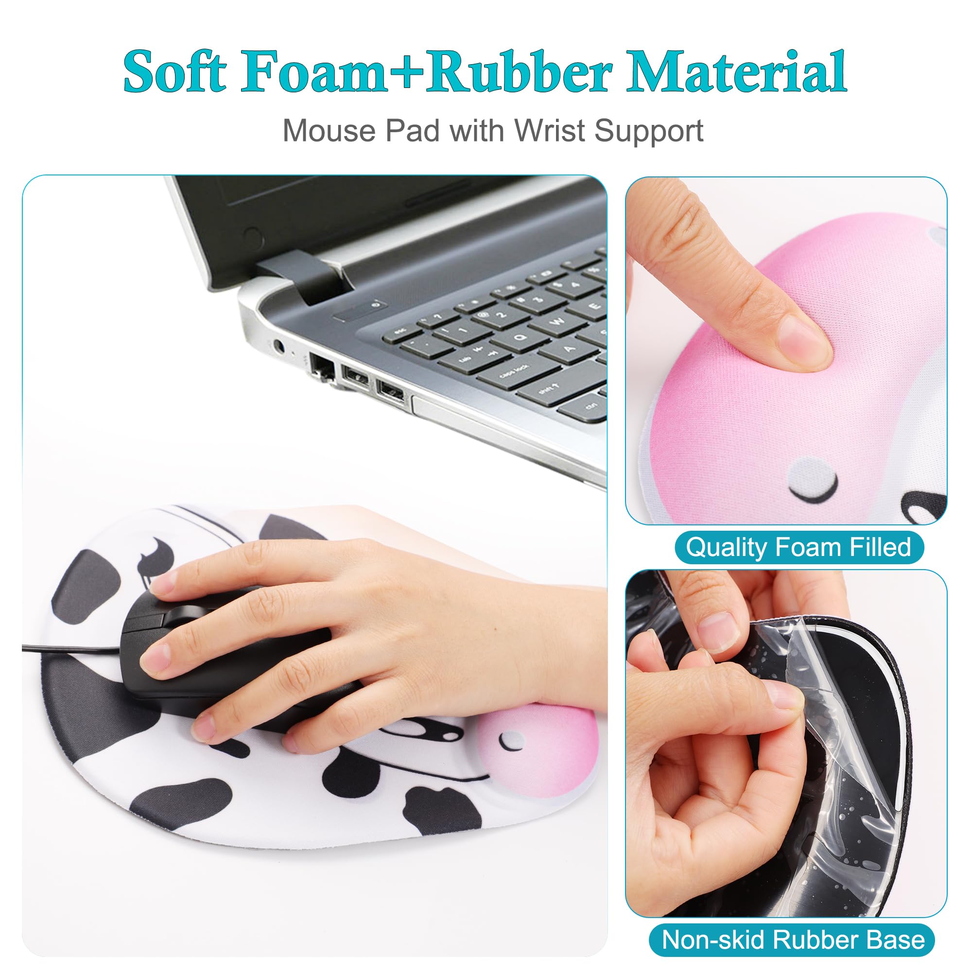 Ergonomic Mouse Pad with Wrist Support - Cute Cow Print Design, Non-Slip Rubber Base, Comfortable for Office & Home Use (9.1 x 7.5 Inches, Black & White) - Perfect for Long Computer Work Sessions, Gaming, and Typing Comfort