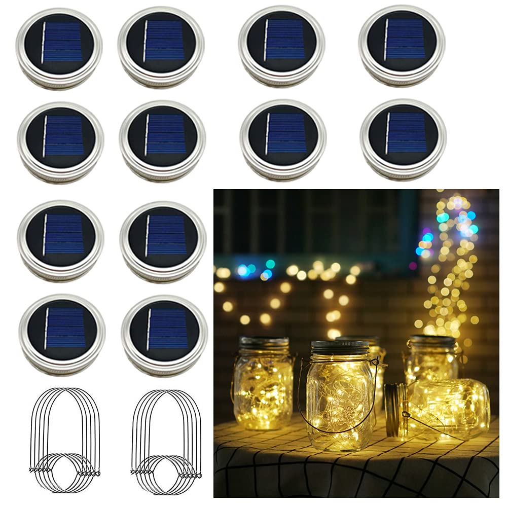 12 Pack Solar Mason Jar Lights - 30 LED Waterproof Lid Lights with Hangers (No Jar Included) - Warm White Fairy Firefly Outdoor String Lights for Regular Mason Jars - Perfect for Patio, Yard, Garden, Wedding & Party Decorations - Solar Powered for Eco-Friendly Outdoor Lighting