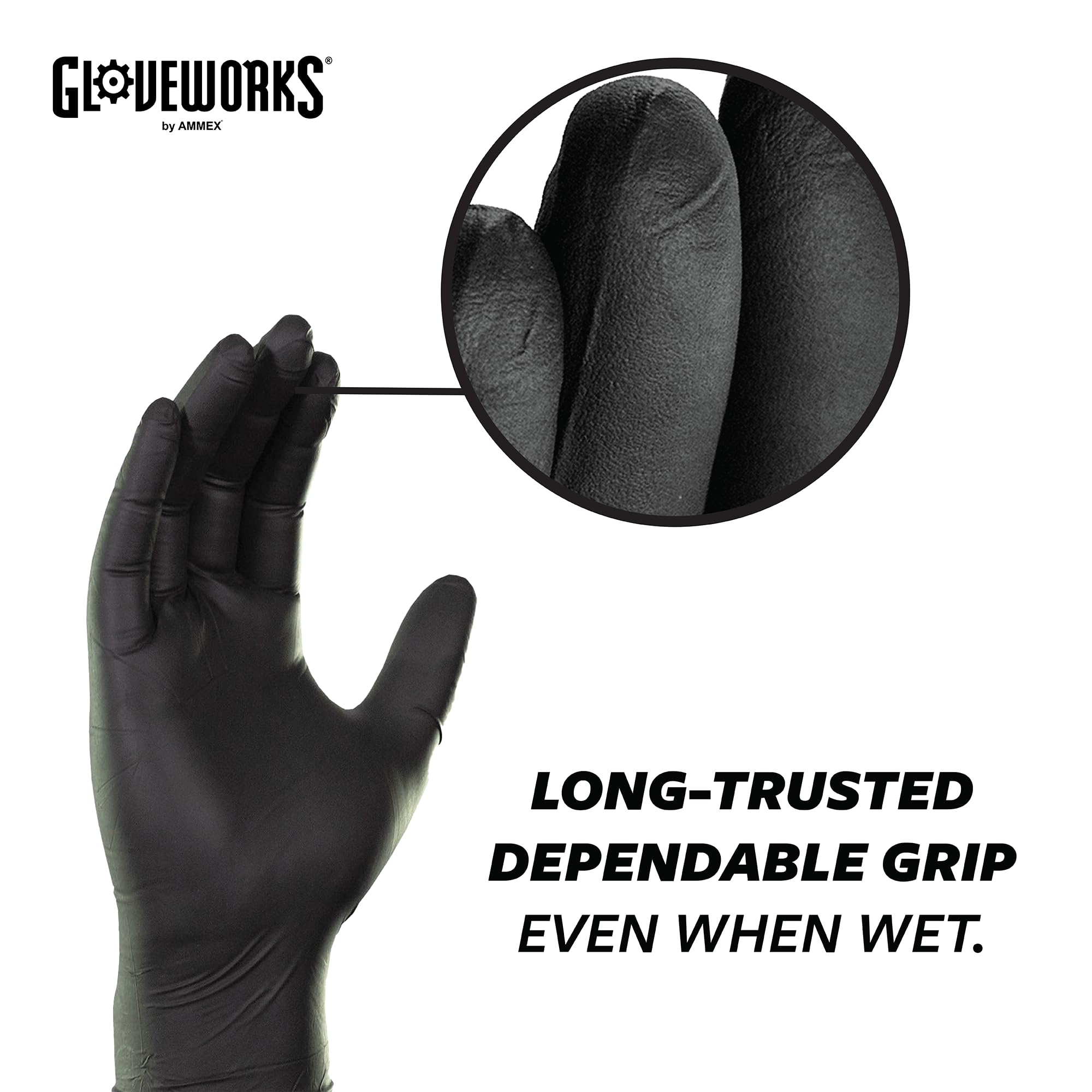GLOVEWORKS Black Disposable Nitrile Industrial Gloves - 5 Mil Thick, Latex-Free & Powder-Free, Food Safe, Textured Grip - Ideal for Food Handling, Medical Use, Cleaning & DIY Projects