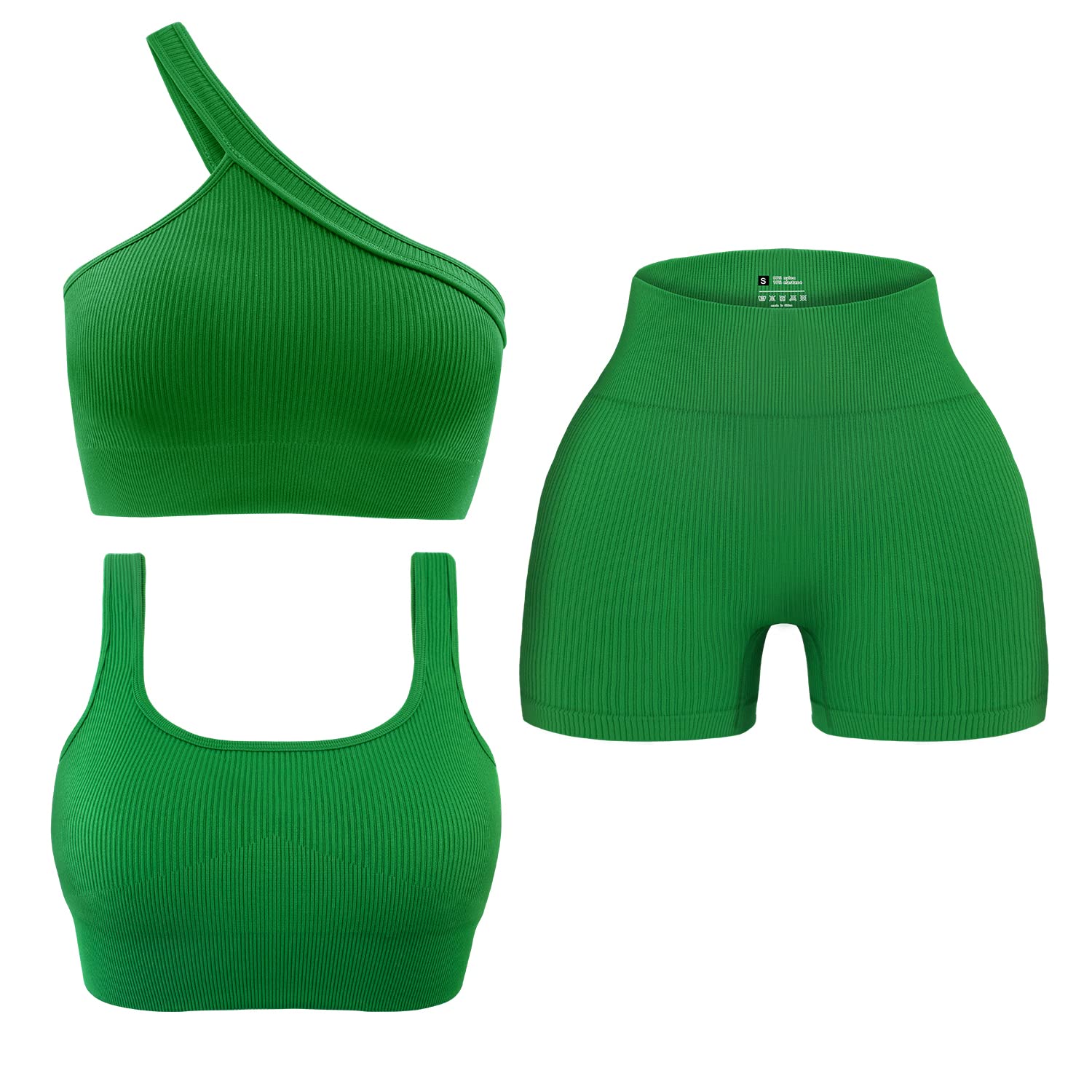 OLCHEE Women's 3-Piece Workout Set - Seamless Ribbed Yoga Outfit with One Shoulder Sports Bra & High Waist Shorts for Gym, Running & Athletic Activities | Perfect for Yoga, Pilates & Fitness Training