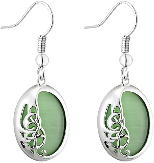 Book of Kells Celtic Cat Eye Jewelry Set - Green Cat Eye Earrings & Necklace in Rhodium Plated Sterling Silver | Irish Heritage Gift for Women, Perfect for St. Patrick's Day & Celtic Weddings