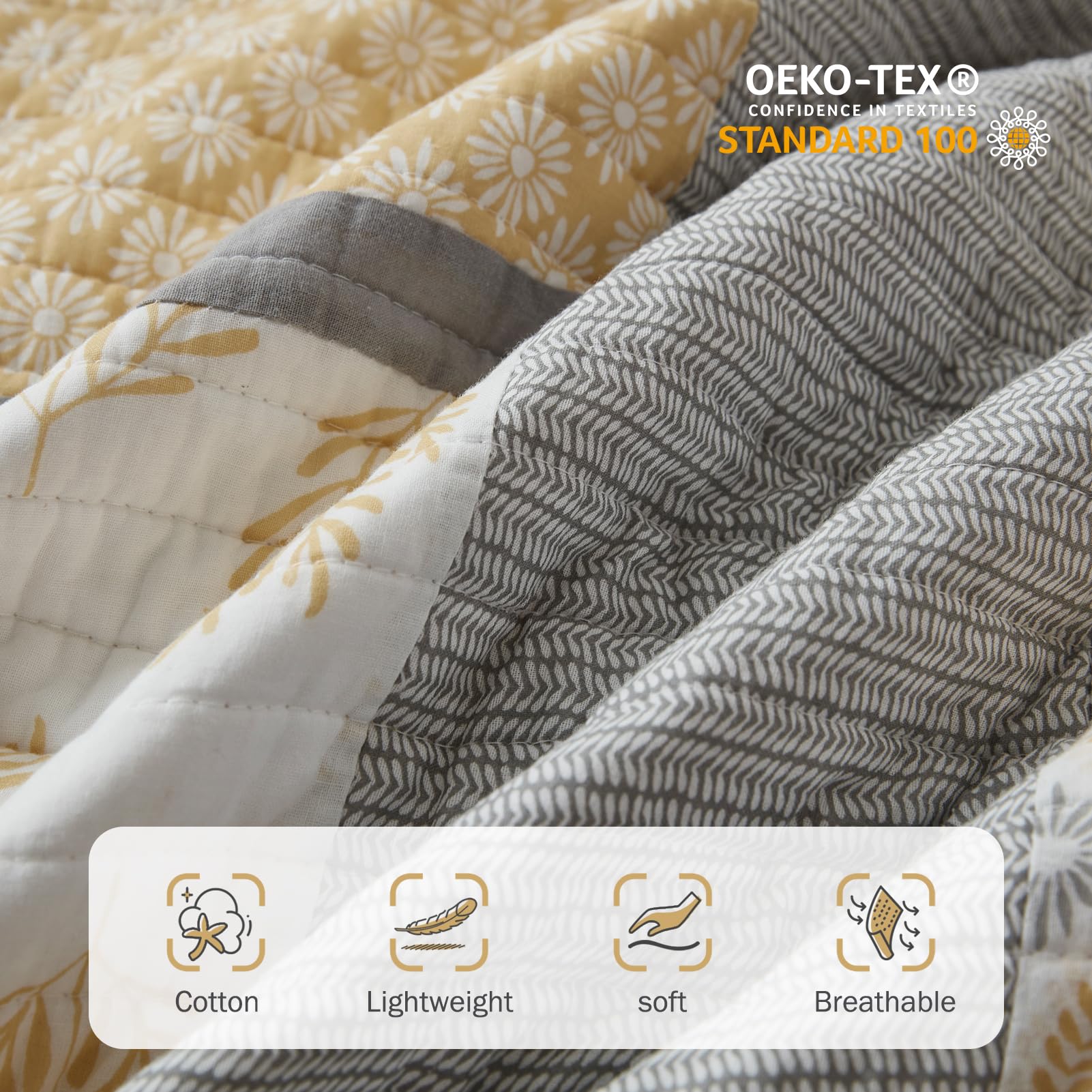 Y-PLWOMEN 100% Cotton 3-Piece Floral Quilt Set Queen Size - Farmhouse Lightweight Bedding for All Seasons in Yellow, White & Grey | Perfect for Guest Rooms, Master Bedrooms & Cozy Farmhouse Decor