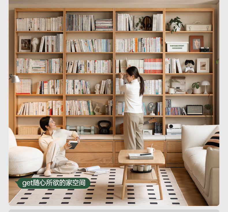 Solid Oak Wood Wall-to-Wall Bookshelf with Built-in Seat - Perfect for Home Library, Study Room & Living Room Storage