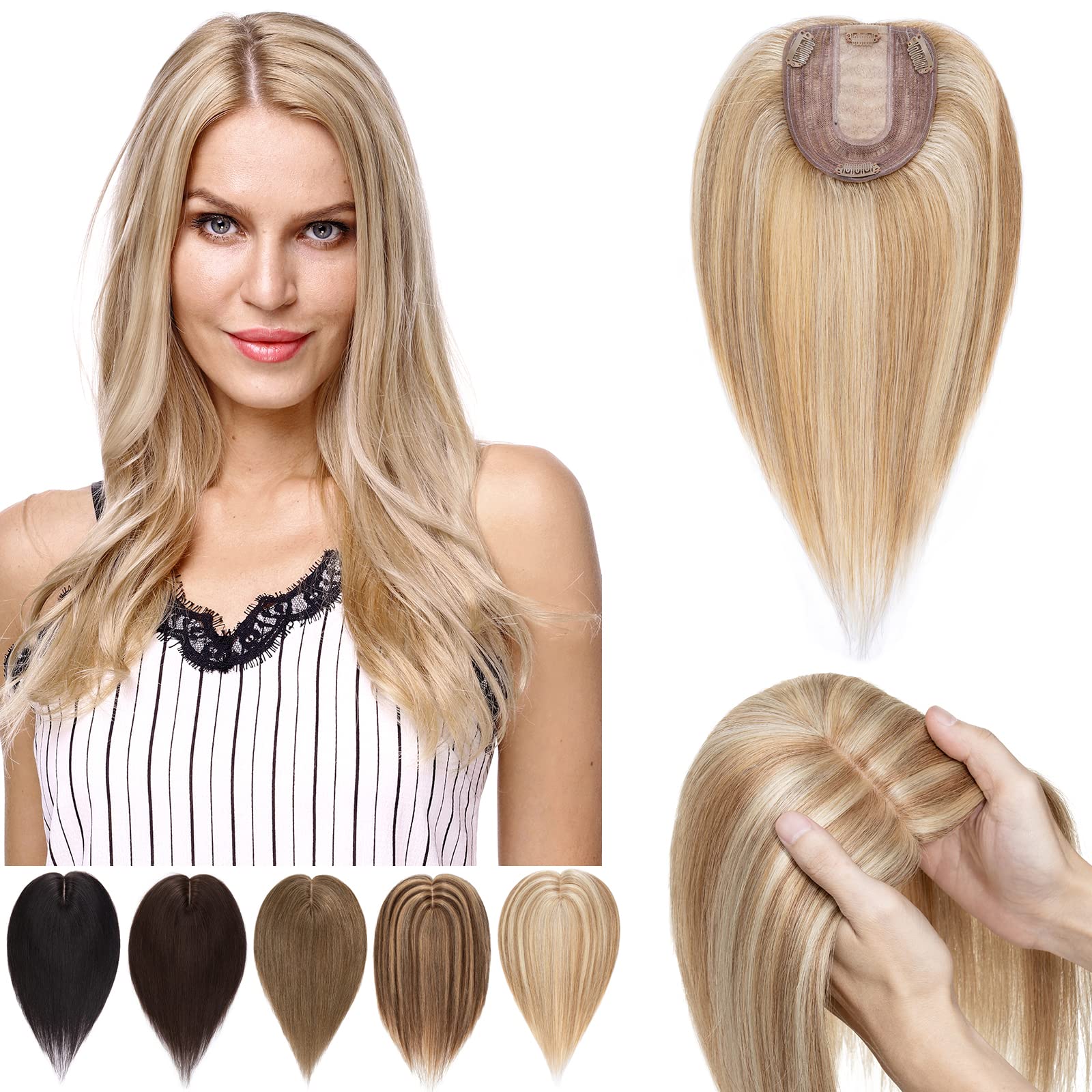 MY-LADY Clip-in Human Hair Topper for Women - 130% Density, 10x12cm Silk Base, 50g, 16 Inch, #12P613 Light Brown with Bleach Blonde Highlights - Remy Hair Top Hairpiece No Bangs - Perfect for Thinning Hair, Hair Loss, and Daily Styling