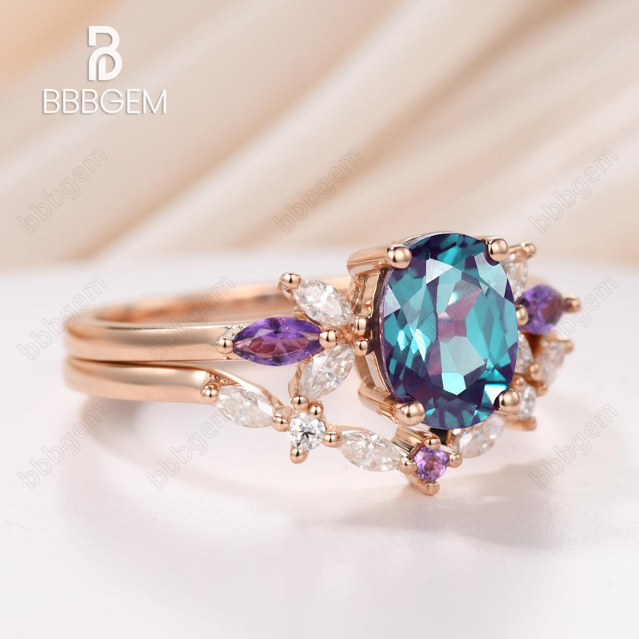 1.5 Carat Vintage Alexandrite Engagement Ring Set with Oval Cut & Matching Curved Wedding Band - Perfect for Proposals, Anniversaries & Special Occasions