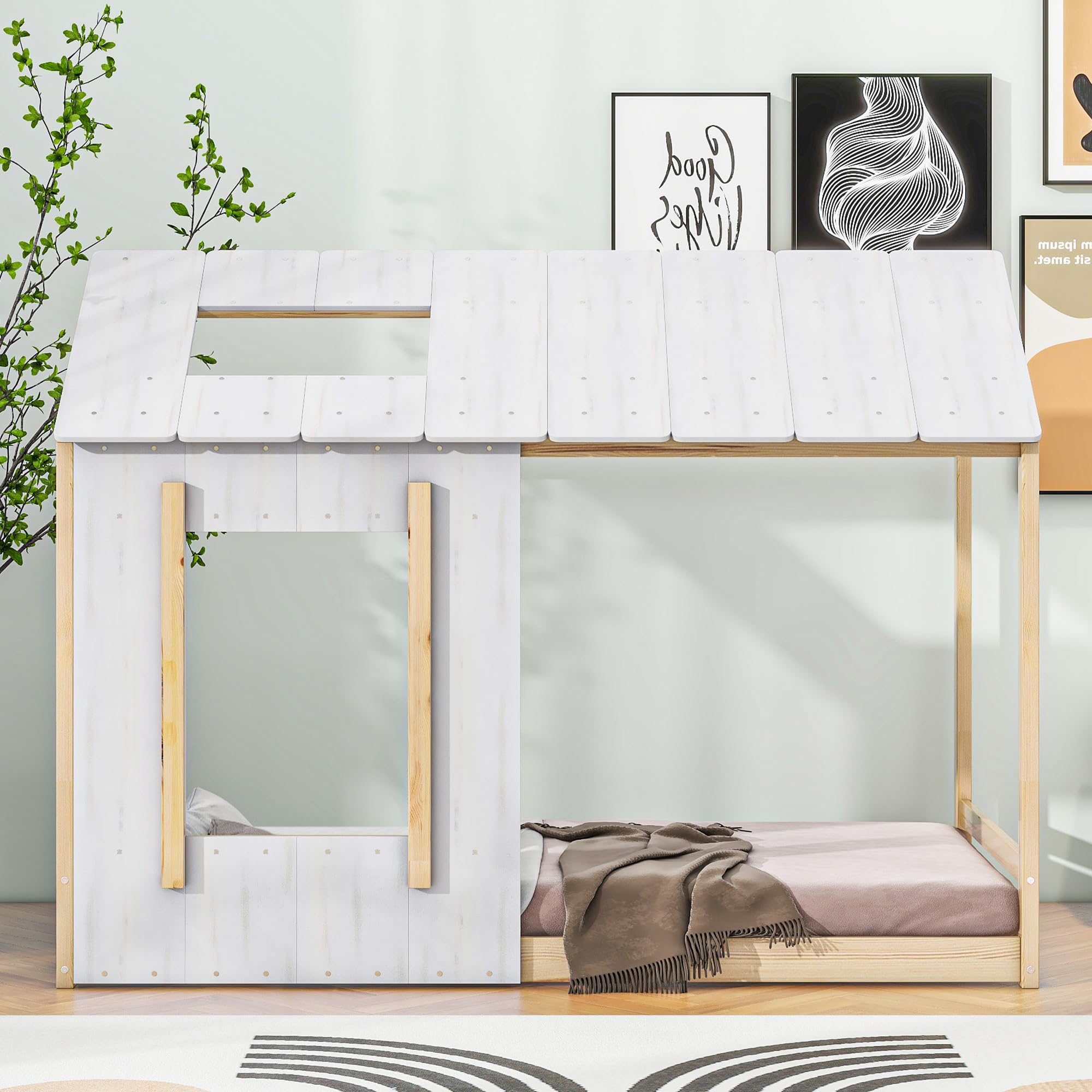 Montessori Twin Floor Bed for Kids - Wooden Cottage Style House Bed with Roof & Window, Rustic Cabin Playhouse Bed Frame for Girls & Boys (White + Natural) - Perfect for Bedrooms, Playrooms & Montessori Learning Spaces