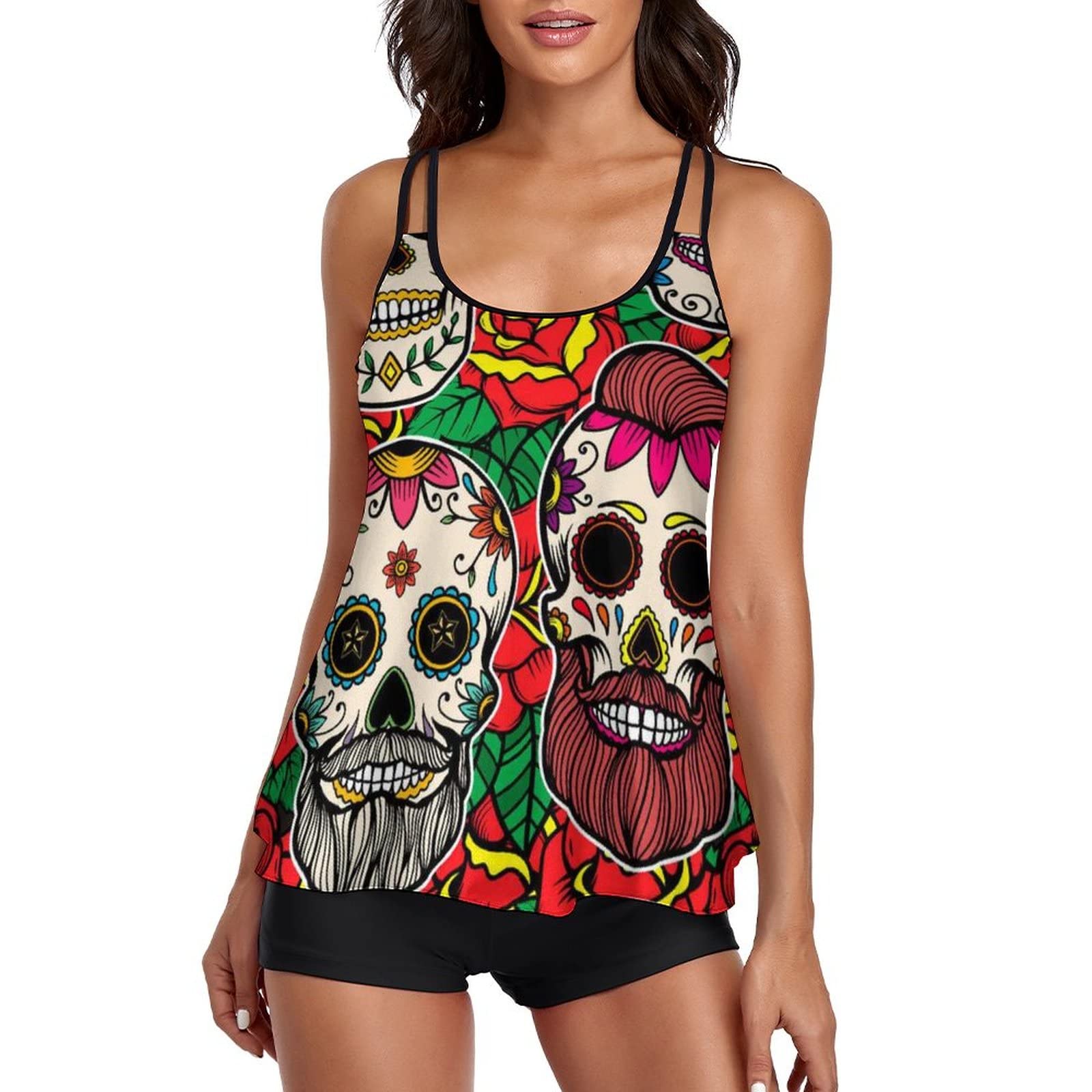Women's Quick Dry Tummy Control Tankini Swimwear Set - Floral Rose & Sugar Skull Print Adjustable Strap Bathing Suit for Beach, Pool, Vacation | Plus Size Swimwear for Women, Loose Fit Two Piece Swimsuits for Swimming, Spa & Summer Activities