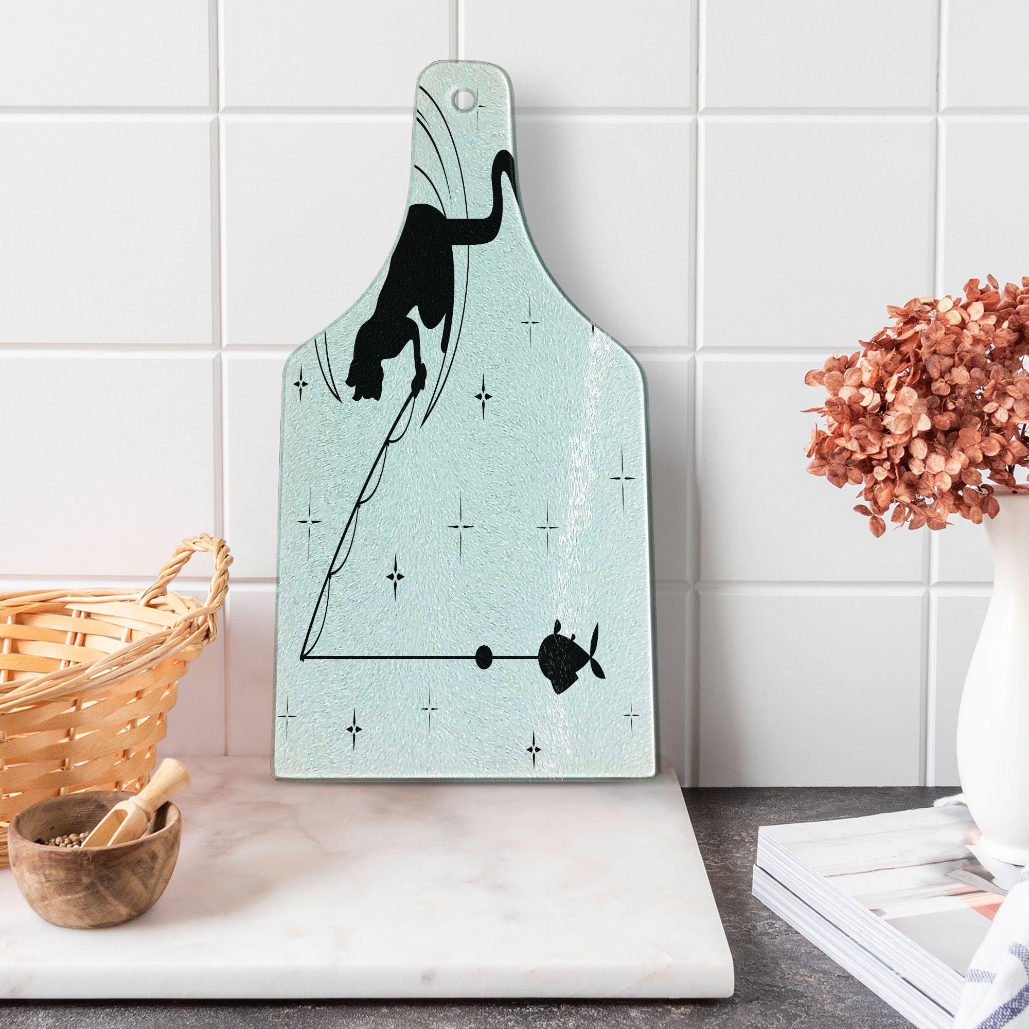 Ambesonne Modern Cat Fishing on Moon Cutting Board - Starry Sky Humor Sketch Art - Tempered Glass Serving Board for Kitchen & Entertaining - Wine Bottle Shape Black White Decorative Chopping Board - Perfect for Cheese Platters, Charcuterie & Wine Pairings