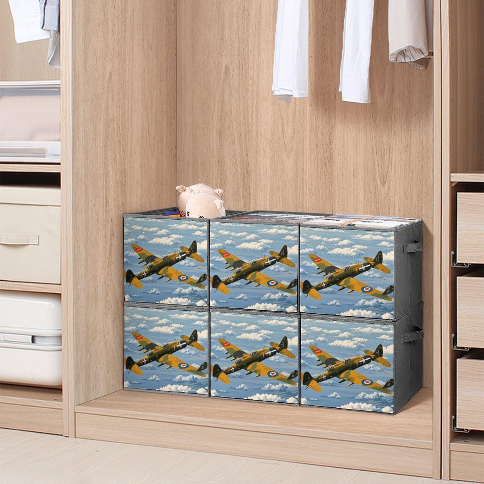 6-Piece Collapsible Storage Bins with Handles - WWII Aircraft Printed Foldable Organizing Boxes for Home, Closet & Shelf Storage | Multi-Purpose Collapsible Baskets for Bedroom, Bathroom & Office Organization