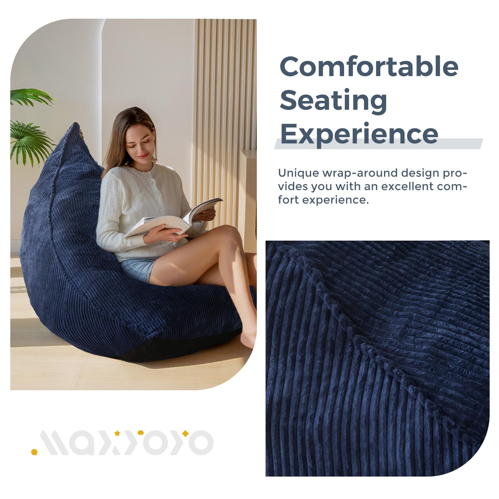 MAXYOYO Corduroy Bean Bag Chair for Adults - Soft & Comfortable Lazy Sofa 43x41x35 Inches with Removable Filler - Navy Blue - Perfect for Living Room, Bedroom, Game Room & Dorm Relaxation