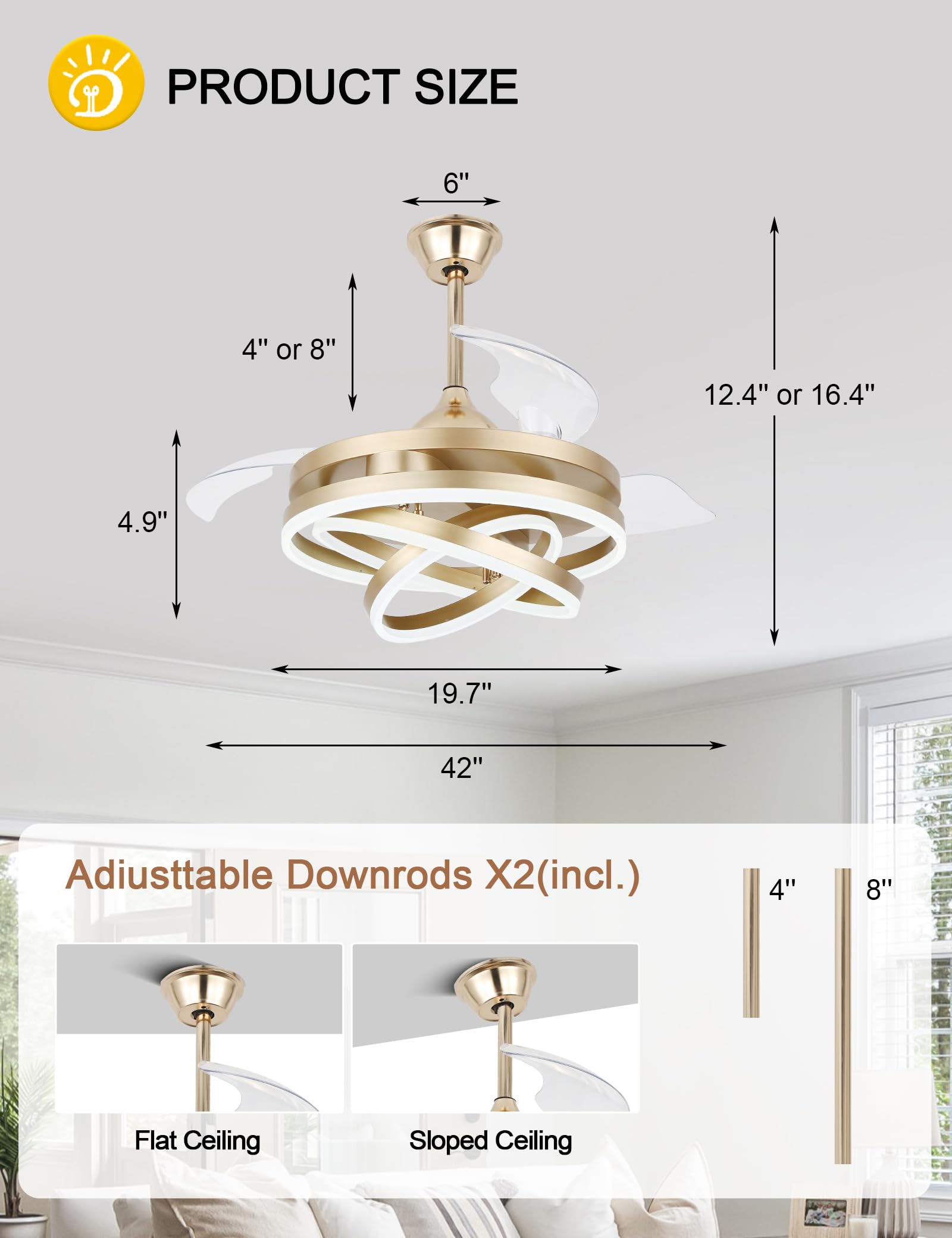 42 Inch Retractable Gold Ceiling Fan with Light & Remote - Silent DC Motor, 6 Speed Settings, Dimmable LED - Modern Chandelier Style for Bedroom, Living Room & Office - Energy Efficient Cooling & Decorative Lighting Solution