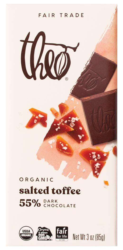 Organic Theo Salted Toffee Dark Chocolate Bar - 55% Cacao, Fair Trade Certified, Vegan & Gluten-Free | Perfect for Gifts, Desserts & Healthy Snacking