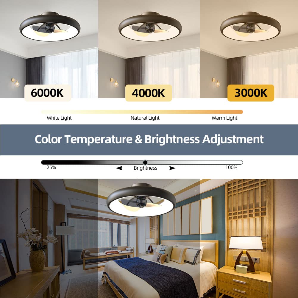Dimmable LED Ceiling Fan with Lights - 5 Invisible Reversible Blades, Remote Control & Timer - Semi Flush Mount Low Profile (18.9 Inches, Black) - Perfect for Bedroom, Living Room & Office