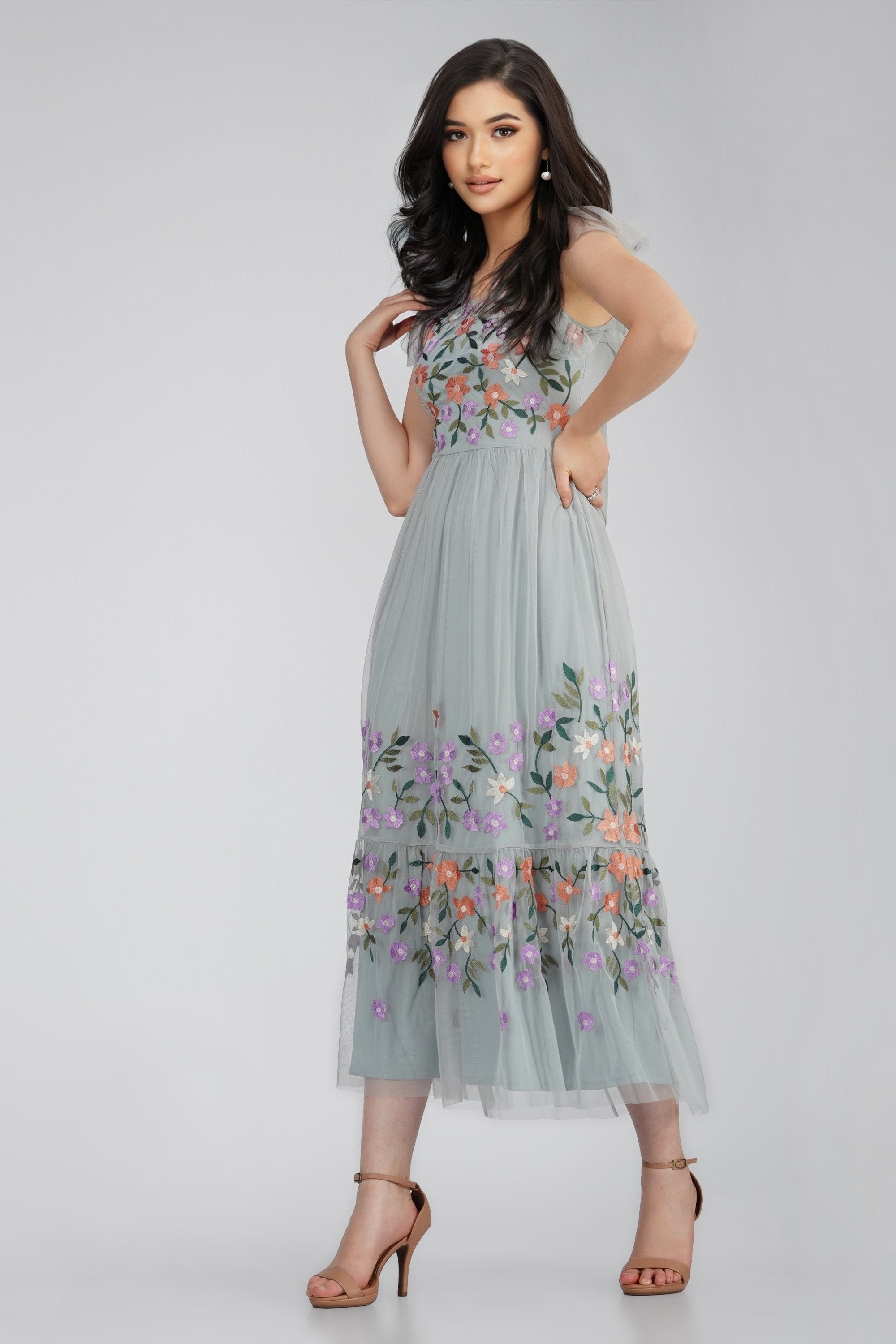 Elegant Iris Dusty Blue Embroidered Floral Dress for Women - Perfect for Weddings, Parties & Special Occasions