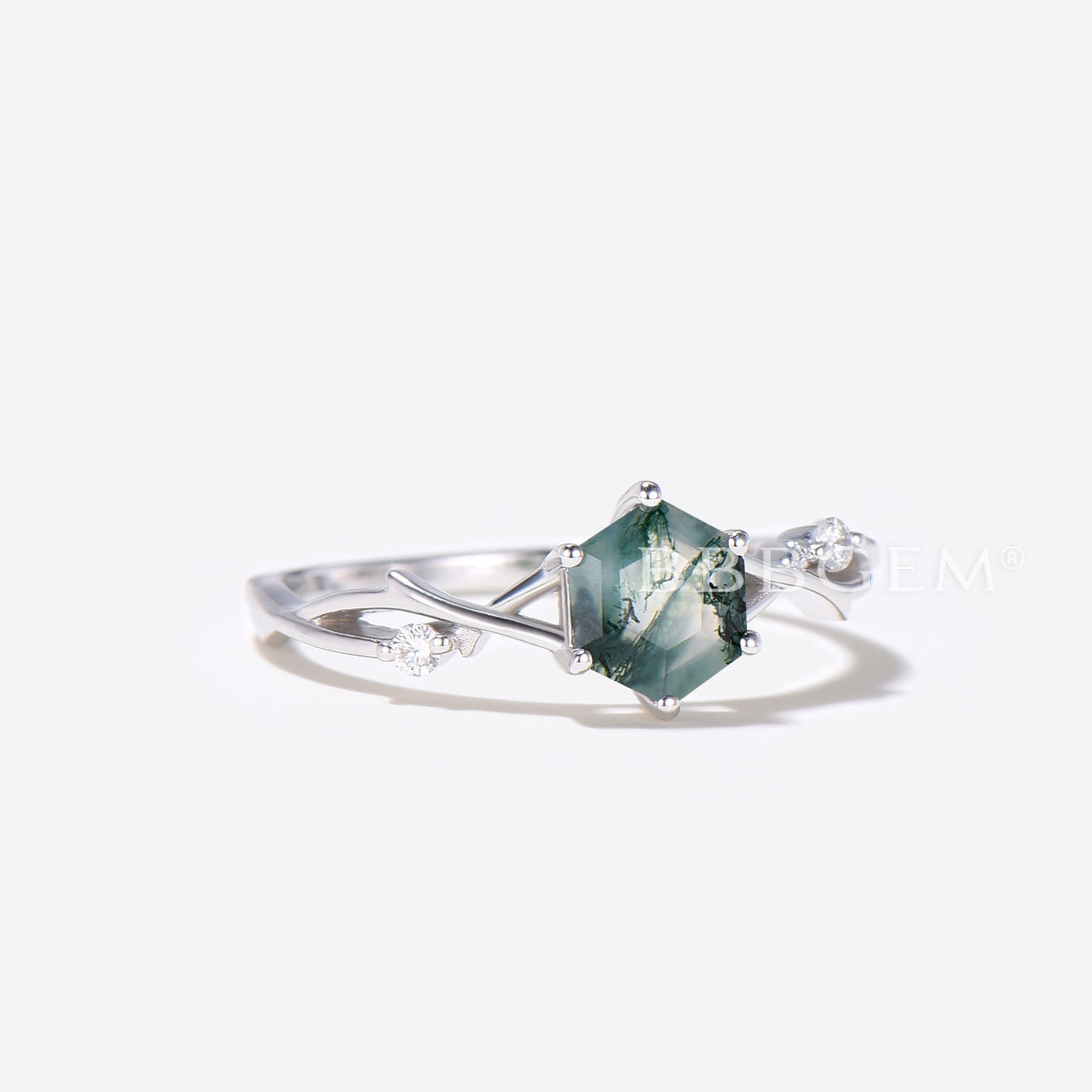 Twisted Vine Moss Agate Moissanite Engagement Ring - Hexagon Cut Wedding Band for Women, Nature-Inspired Jewelry for Brides, Anniversary Gifts & Boho Style Occasions