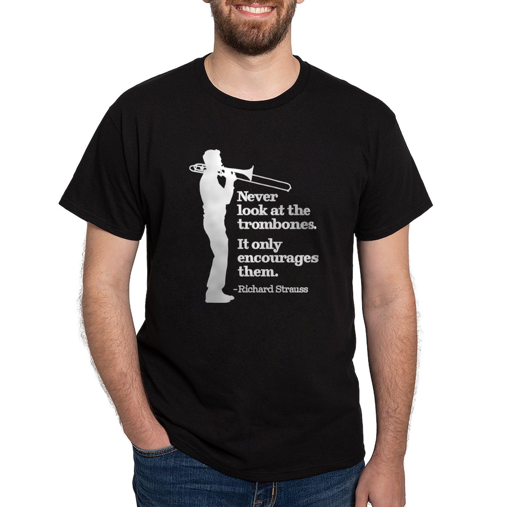 Never Look at The Trombones Men's Graphic T-Shirt - 100% Cotton Dark Tee for Music Lovers & Band Humor - Perfect for Concerts, Gifts & Casual Wear