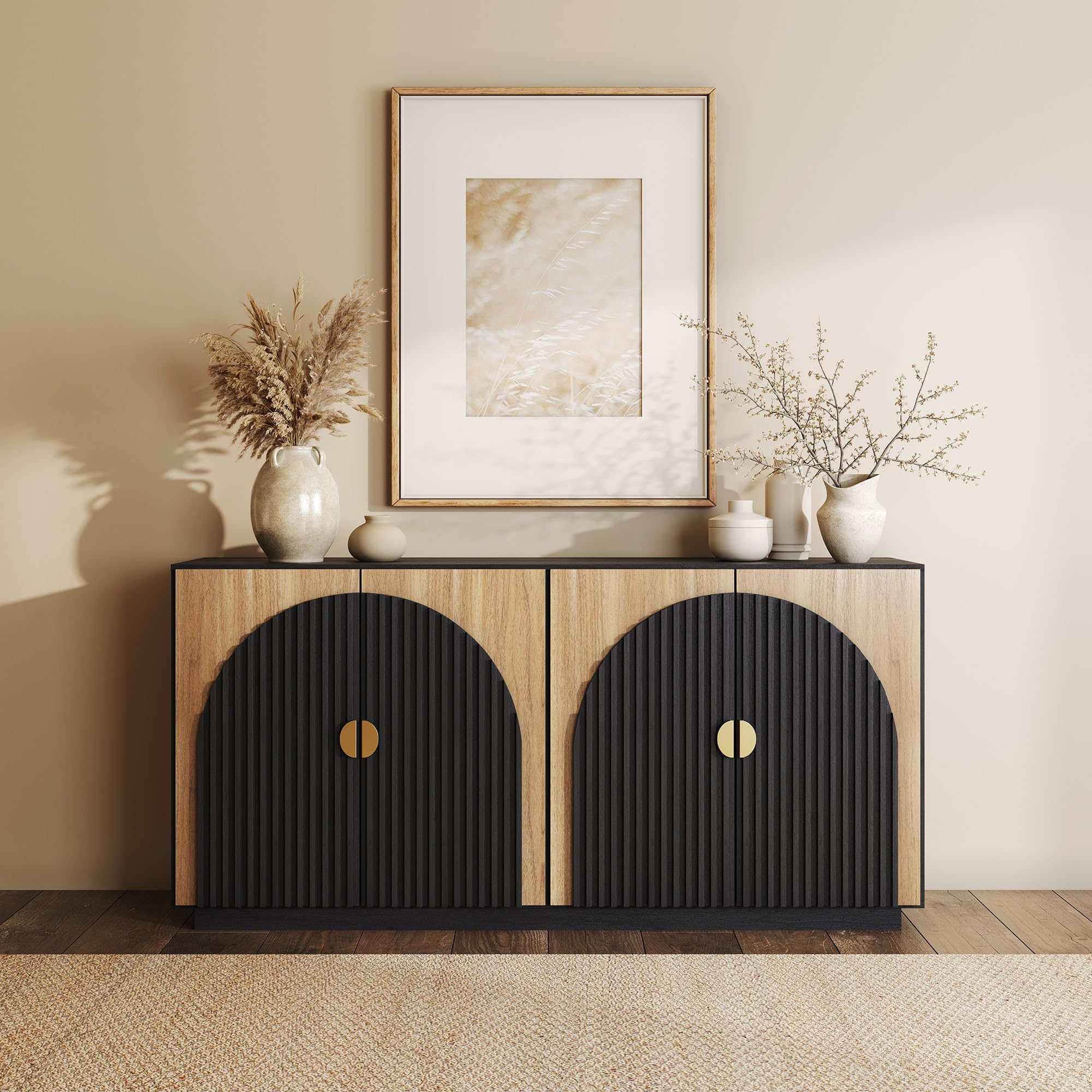 BELLEZE 65 Inch Fluted Buffet Cabinet with Storage - Symmetrical Arc Accent Sideboard, Large Console Table for Dining Room, Kitchen & Living Room - Modern Home Furniture for Entertaining & Organization (Camel)