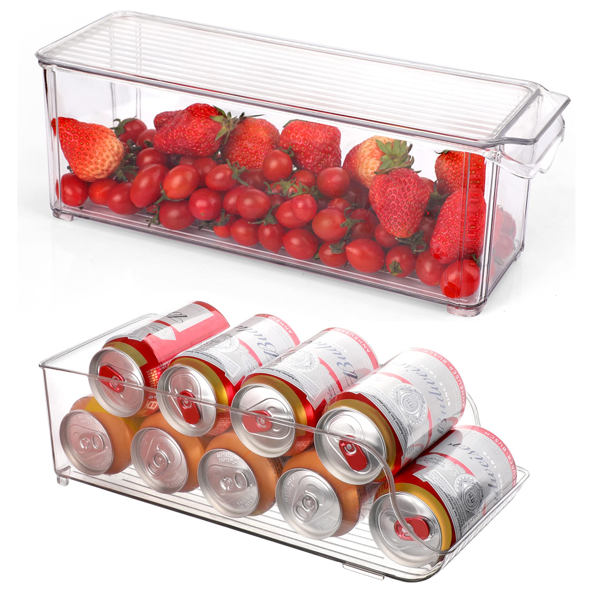 Axbima 2-Pack Clear Refrigerator Organizer Bins with Lids & Handles - Stackable Fridge Storage for Fruits, Vegetables, Soda Cans - Freezer, Pantry, Kitchen Cabinet & Countertop Organization - Perfect for Meal Prep & Space Saving