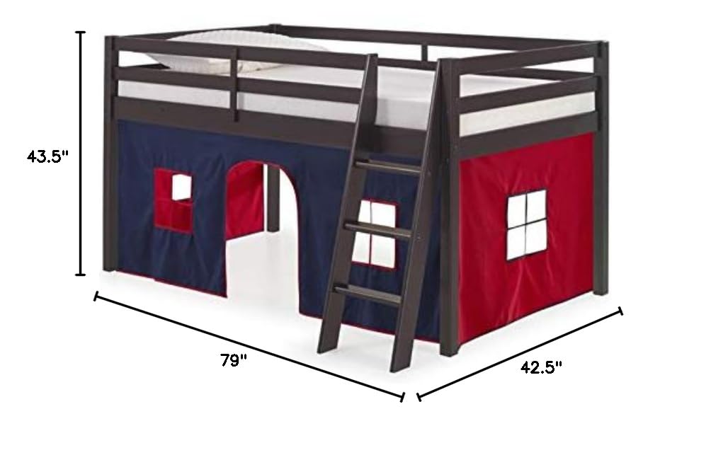 Rosebery Twin Size Junior Loft Bed with Blue & Red Play Tent - Espresso Wood Finish for Kids' Bedroom, Playroom or Dorm Room