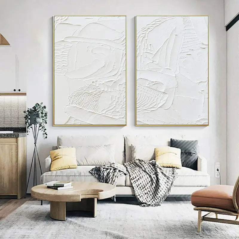 Minimalist White Textured Canvas Paintings - Set of 2 Abstract Wall Art for Living Room & Bedroom Decor #MM045