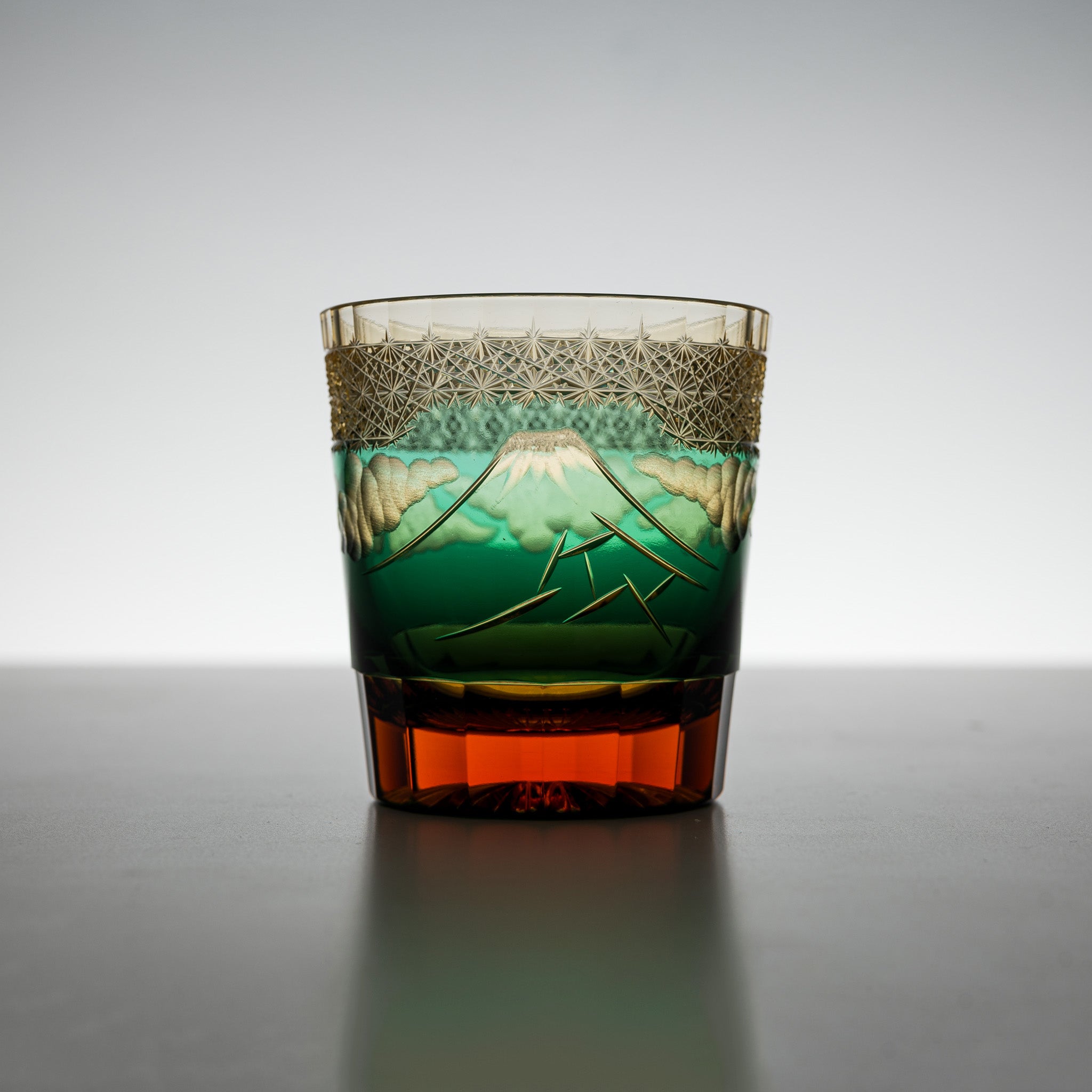 Yamada Crystal Glass Rock Glass with Mt Fuji Design - Amber Green Whiskey Tumbler for Bourbon, Scotch & Cocktails - Perfect for Home Bar, Gifts & Parties