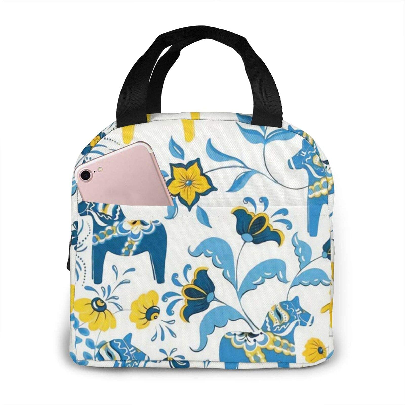 QIEARA Insulated Lunch Bag Tote - Scandinavian Swedish Dala Horse & Kurbits Flower Design - Thermal Lunch Box for Women & Men - Perfect for Work, School & Picnics