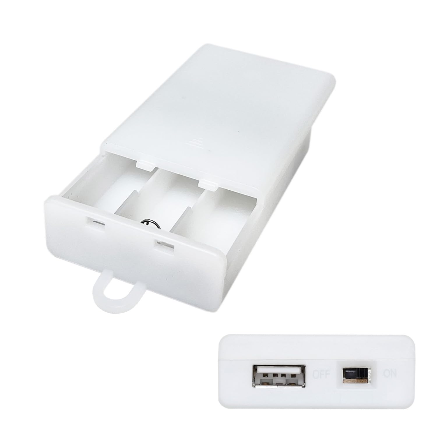 3 AA Battery Case with USB Female Socket - White Battery Box Holder for 5V LED Strip Lights, Fairy String & Curtain Lights - Perfect for Christmas Decorations, DIY Lighting Projects & Home Party Decor