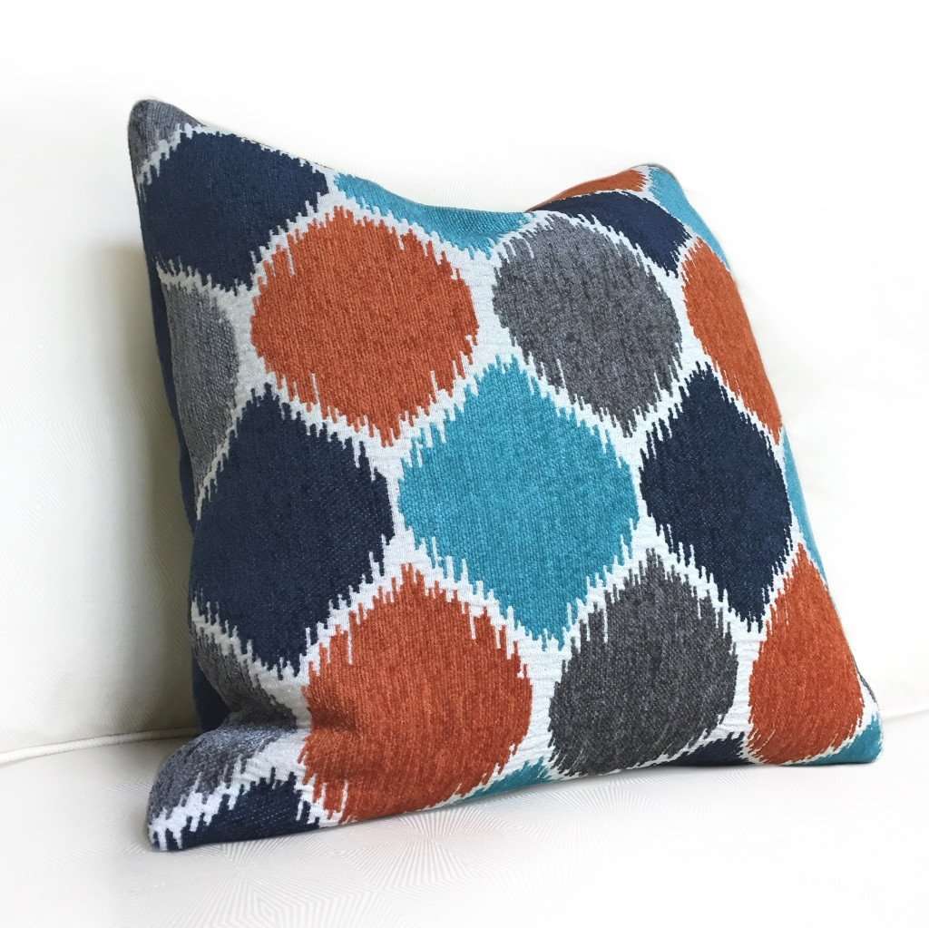 Geometric Chenille Pillow Cover - Navy Blue, Gray, Turquoise & Orange | Boho Home Decor for Living Room, Bedroom & Sofa