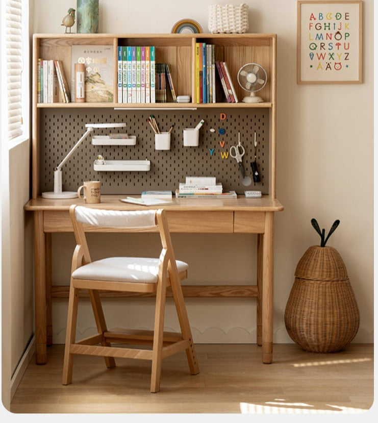 Solid Oak Wood Adjustable Height Kids Study Desk with Bookshelf - Perfect for Homework, Reading & Organizing in Bedroom or Playroom