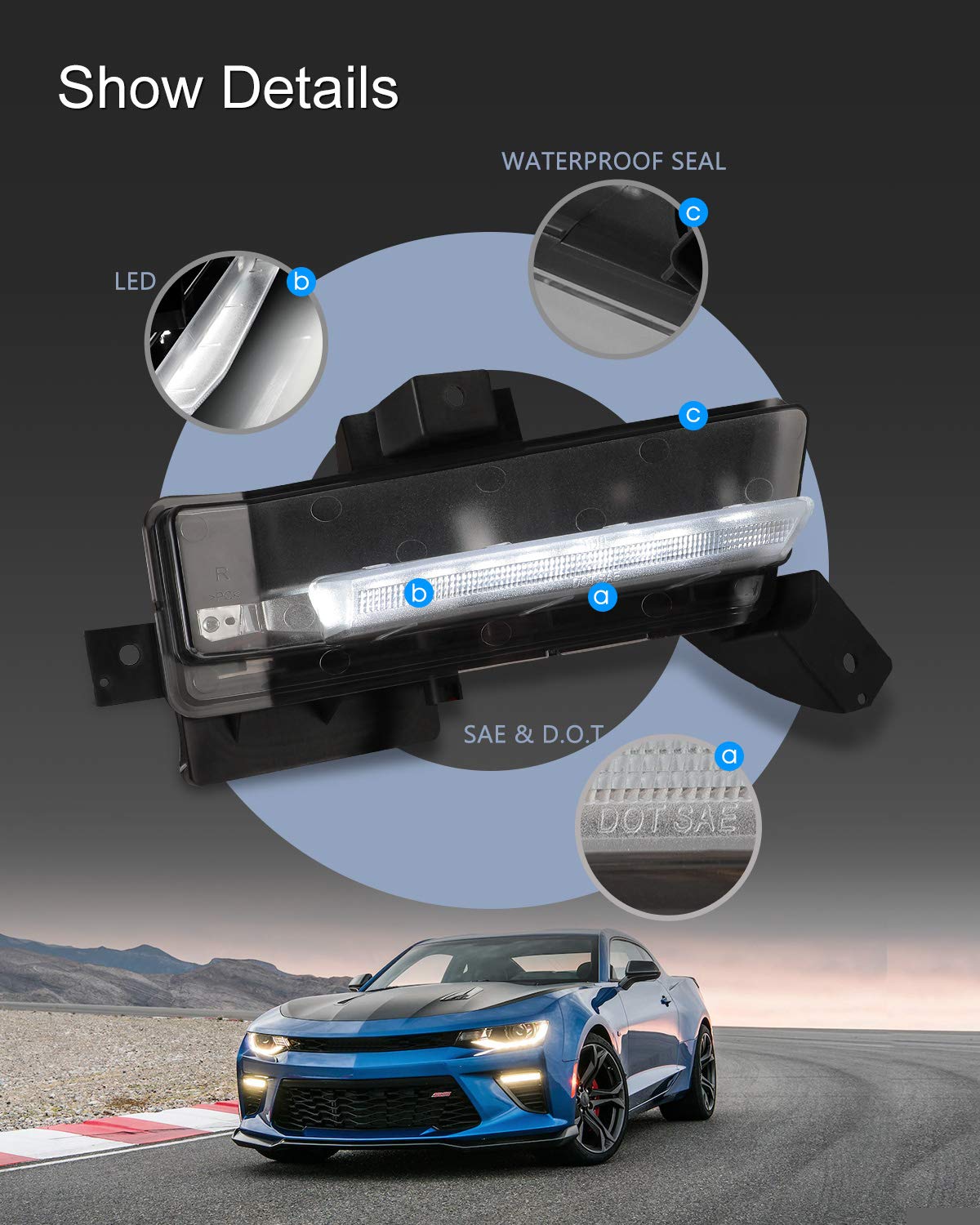 LED Fog Lights Assembly for 2016-2018 Chevy Camaro SS - DRL Fog Lamp Replacement with Wiring Kit & Switch - Clear Lens (1 Pair) - Perfect for Night Driving & Off-Road Adventures