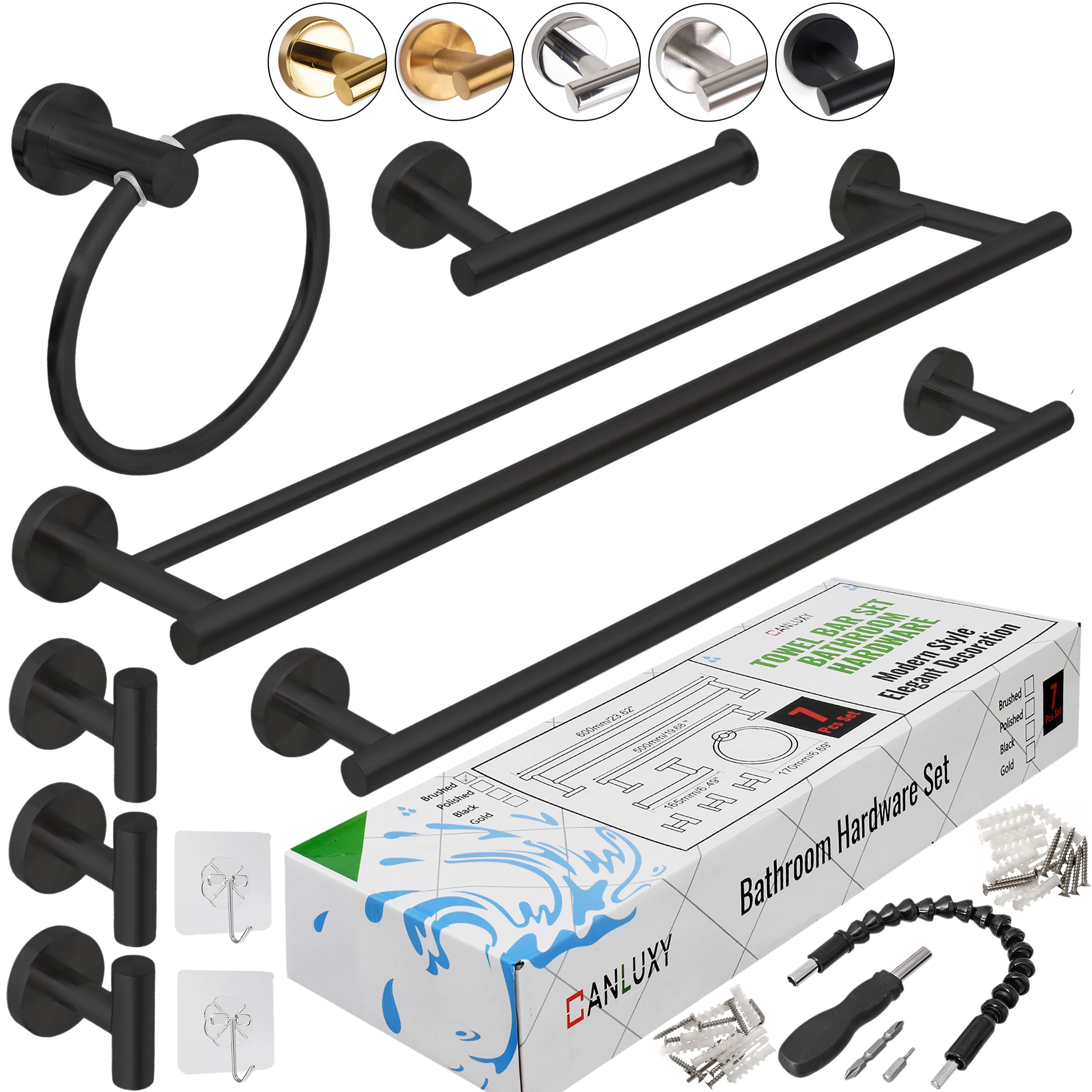 7-Piece Bathroom Hardware Set - Wall Mounted Towel Bar & Rack Set with Hooks - Matte Black Bathroom Accessories for Modern Home Decor - Perfect for Bathrooms, Powder Rooms & Spa Retreats