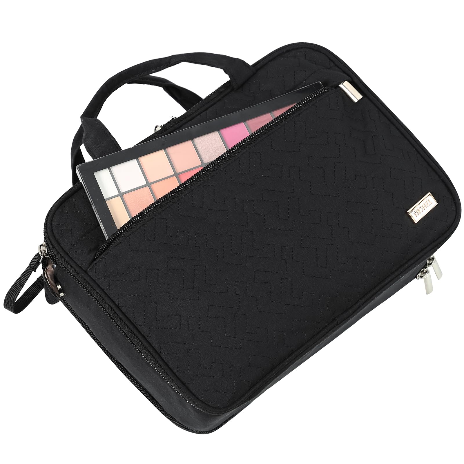 NISHEL Travel Makeup Bag Organizer - Portable Stand Up Cosmetic Case for Toiletries | Black | Perfect for Travel, Gym & Daily Use