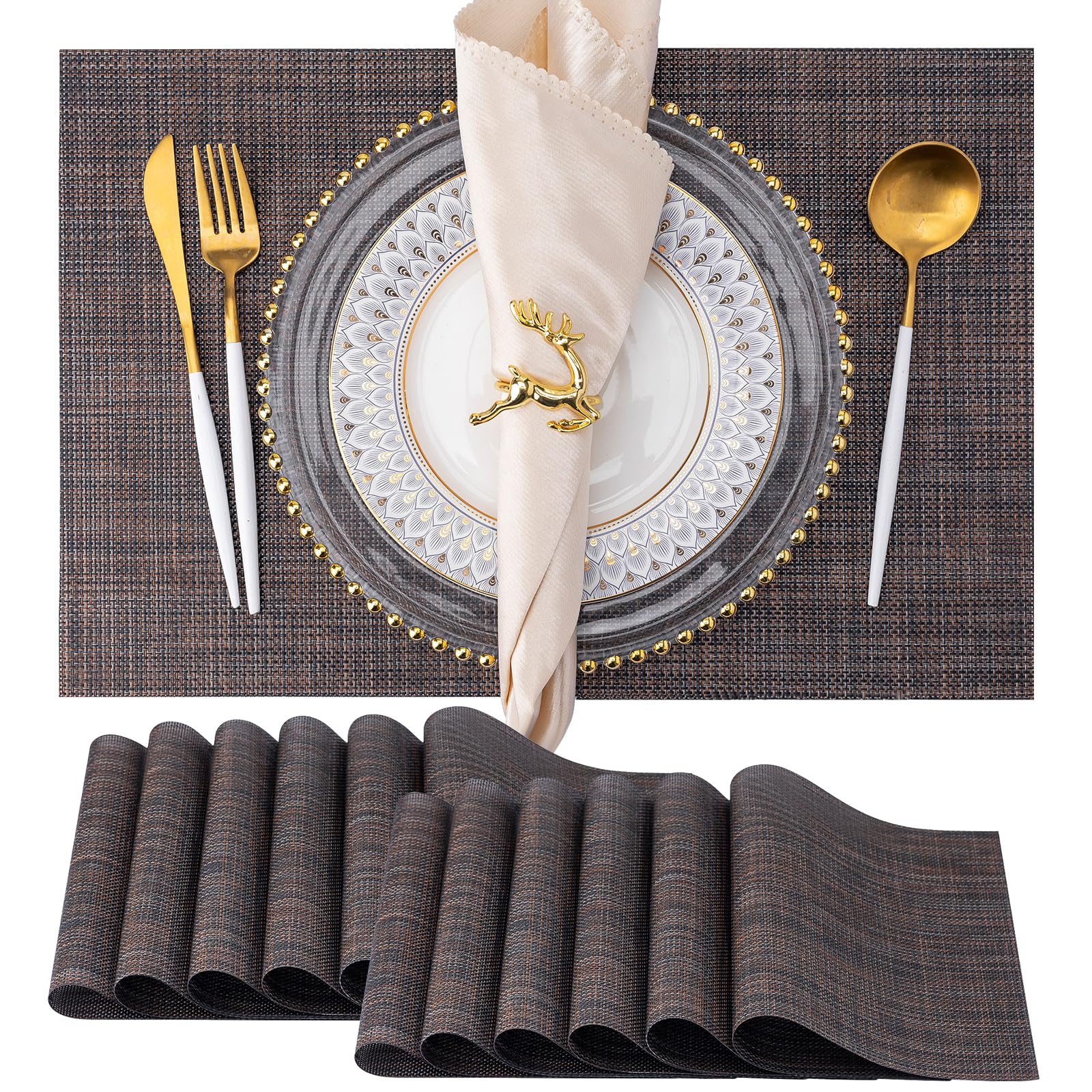 12-Pack Washable Vinyl Placemats for Dining Table - Indoor/Outdoor PVC Weave Table Mats in Black & Brown - Perfect for Everyday Meals, BBQs, and Outdoor Dining