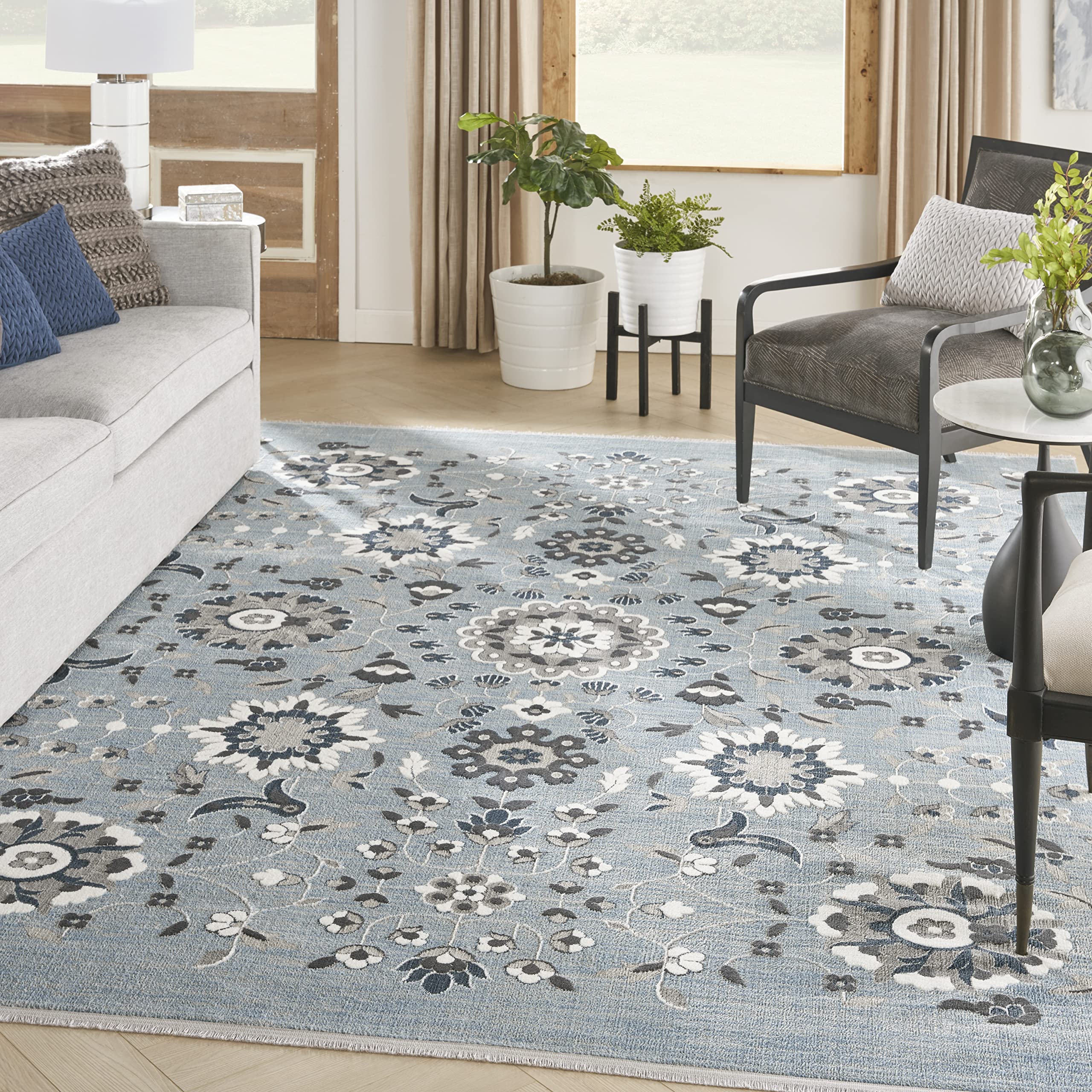 Nourison Lennox Light Blue Grey 9' x 12' Area Rug - Farmhouse Floral Design, Easy to Clean, Non-Shedding - Perfect for Bedroom, Living Room, Dining Room & Kitchen Decor | Home & Office Use