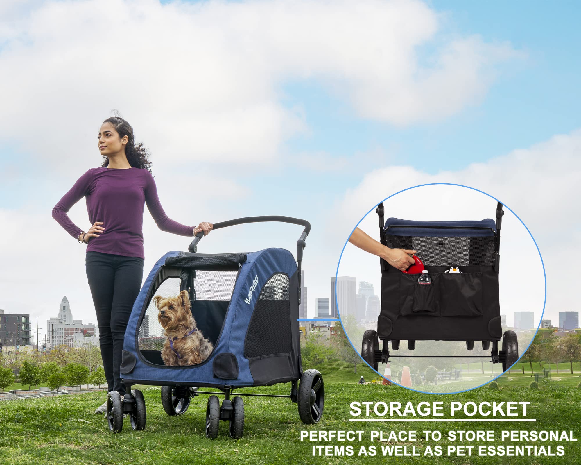 Vergo Blue Foldable Pet Stroller Wagon Cart - 4 Wheel Dog Stroller with Adjustable Handle & Zipper Entry, Mesh Skylight for Small to Large Dogs, Cats & Pets - Perfect for Park Walks, Shopping Trips & Outdoor Adventures