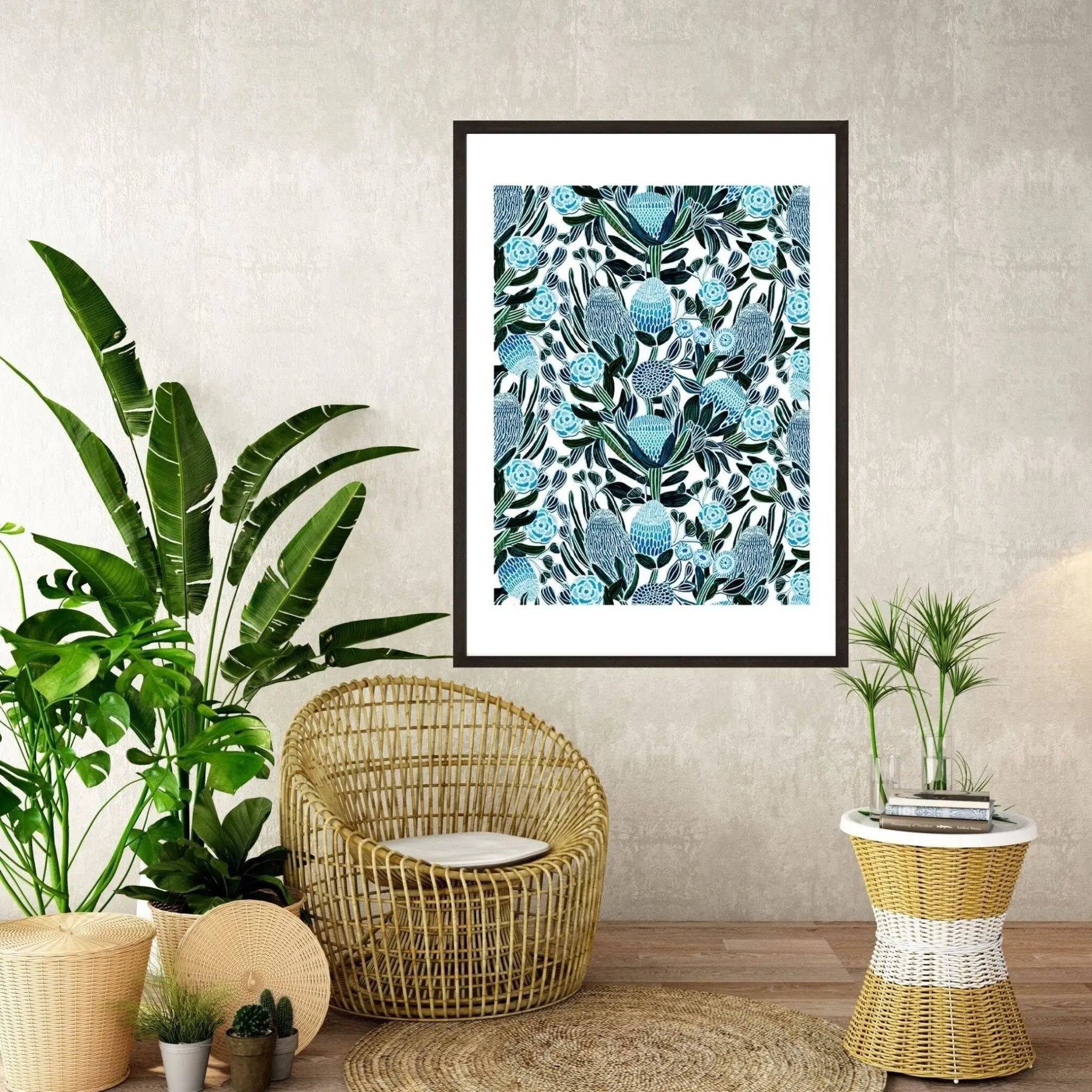 Blue Banksia Botanical Wall Art Print - Australian Floral Decor for Living Room, Bedroom & Office - Perfect for Home & Office Decor