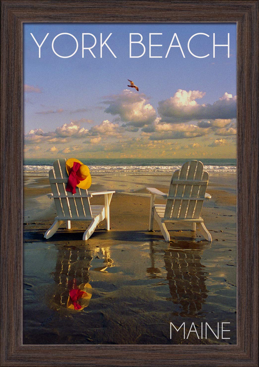 York Beach Maine Adirondack Chairs & Ocean View - 12x18 Inch Giclee Fine Art Print with Recycled Wood Frame in Espresso Brown - Perfect for Coastal Home Decor, Beach House Wall Art & Living Room Decorations