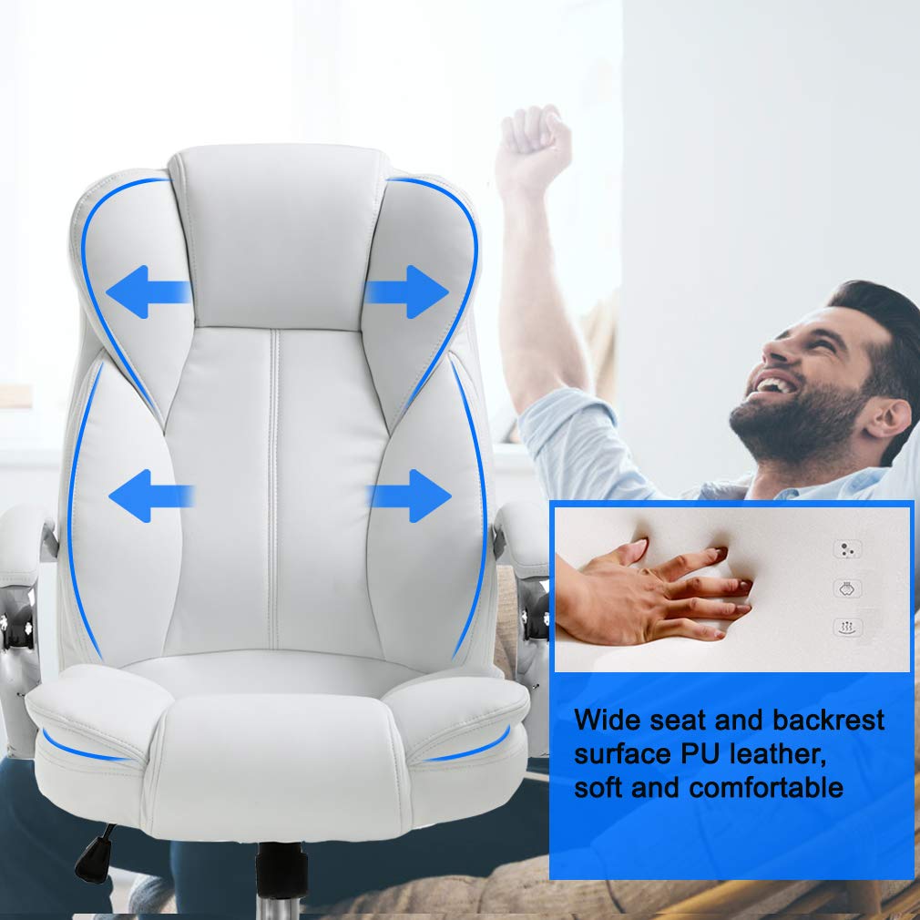 Ergonomic Office Chair - Adjustable High Back PU Leather Computer Desk Chair with Lumbar Support, Swivel & Rolling Wheels for Home/Office Use - Comfortable Executive Task Chair for Women & Men (White)