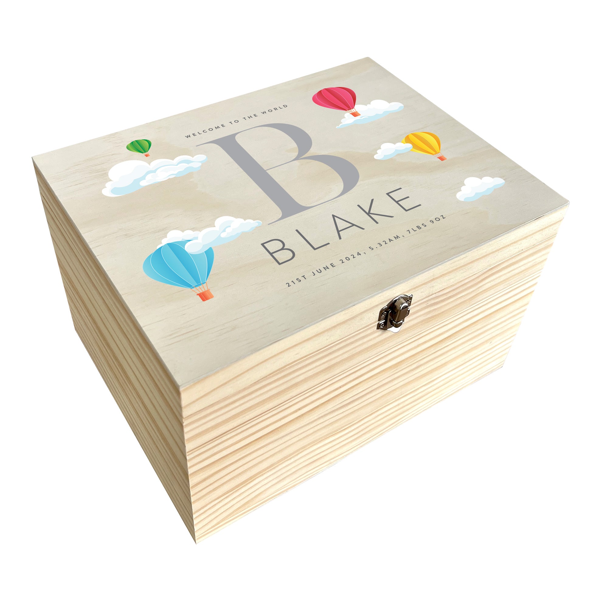 Personalized Hot Air Balloon Baby Memory Keepsake Box - 5 Sizes (16cm, 20cm, 26cm, 30cm, 36cm) - Perfect for Newborn Gifts, Christening Presents & Nursery Decor
