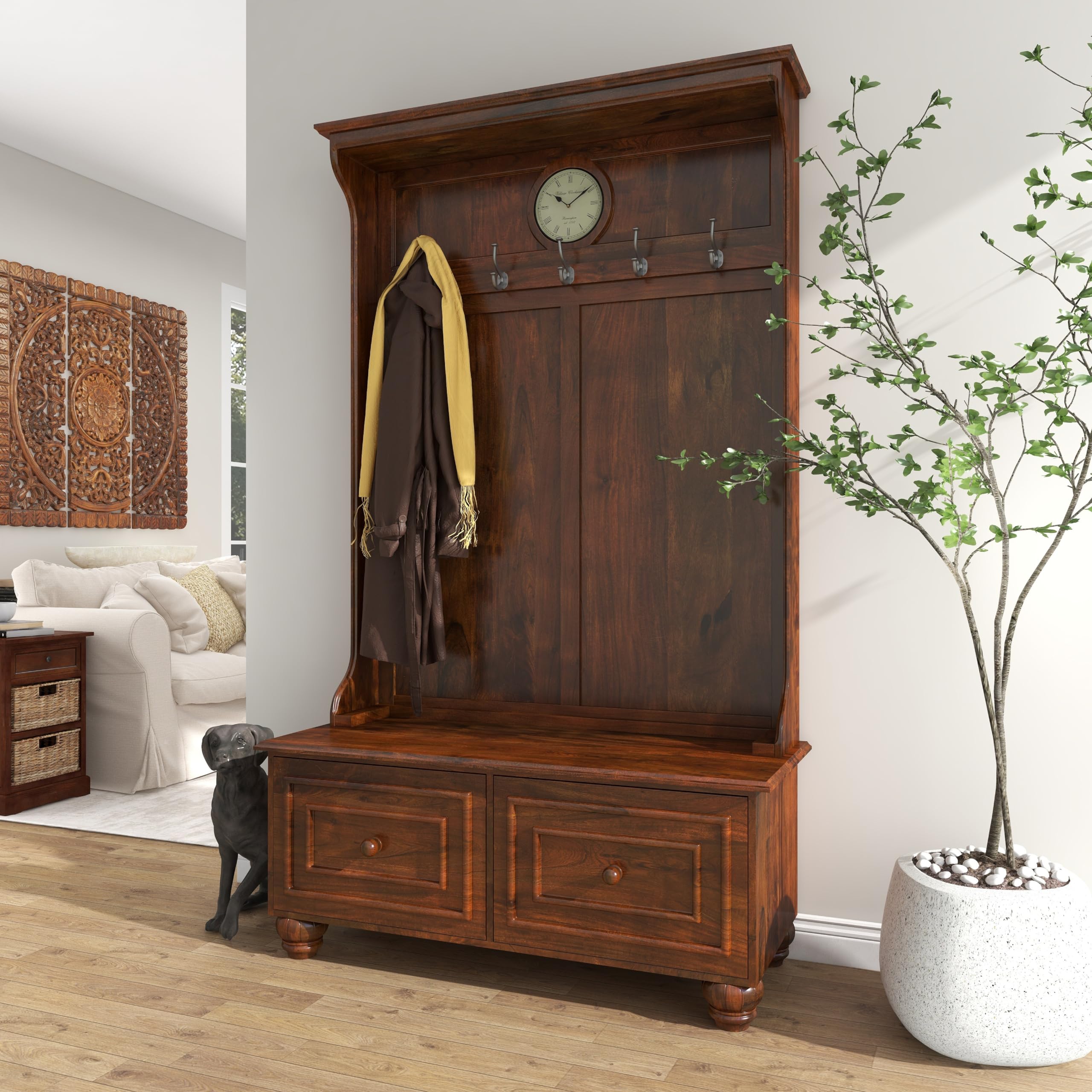 Deco 79 Wooden Coat Rack with Clock & 8 Hooks - 46