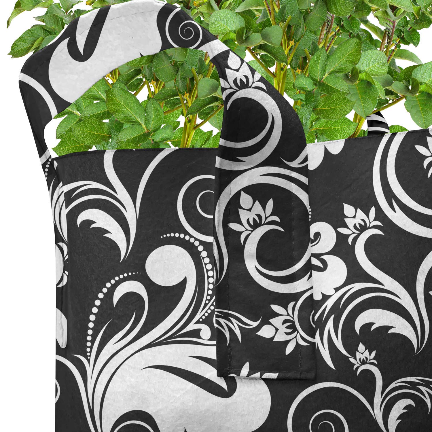 Lunarable 7 Gallon Flower Grow Bags 5-Pack - Heavy Duty Fabric Pots with Handles for Plants, Black & White Foliage with Curlicue Spiral Design - Perfect for Indoor/Outdoor Gardening, Vegetables, Herbs & Flowers