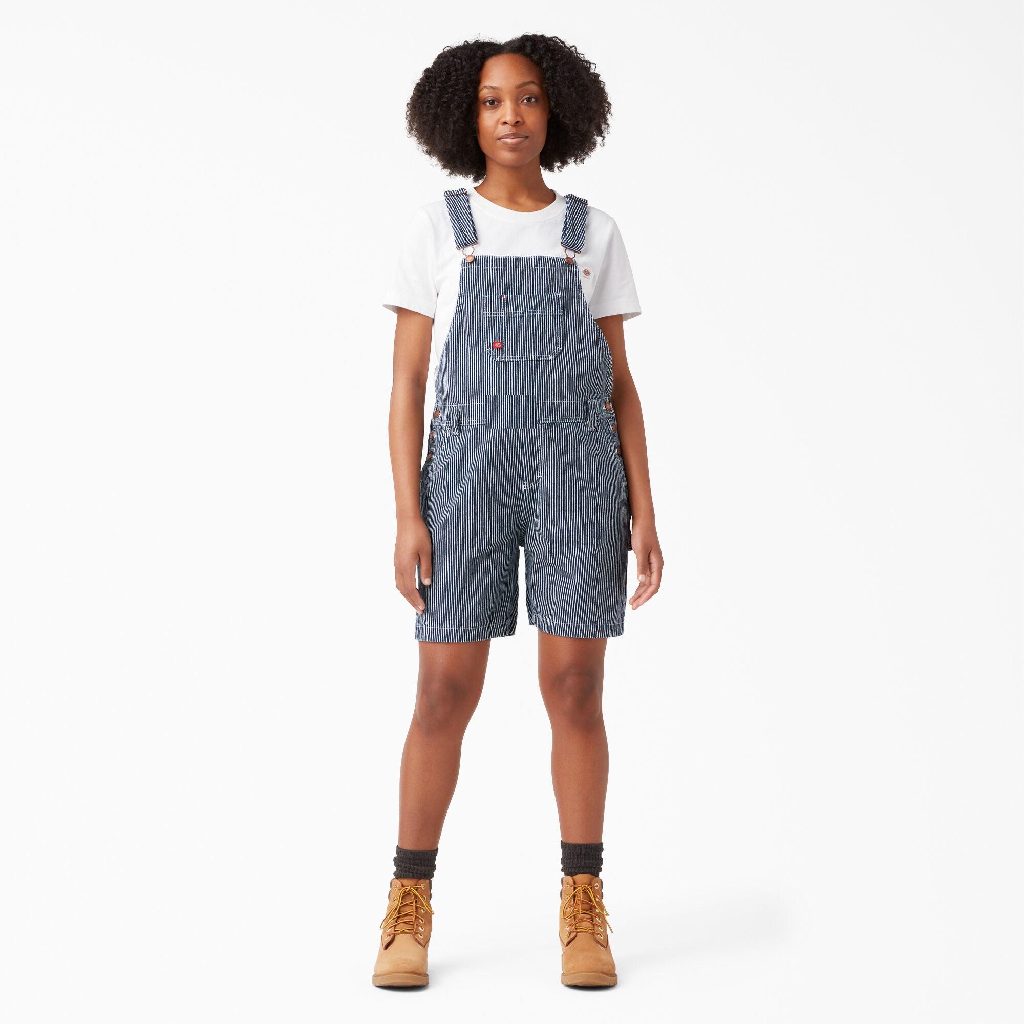 Women's Relaxed Fit Bib Shortalls - Size 7, Rinsed Hickory Stripe Denim Overalls for Casual Wear & Summer Outfits