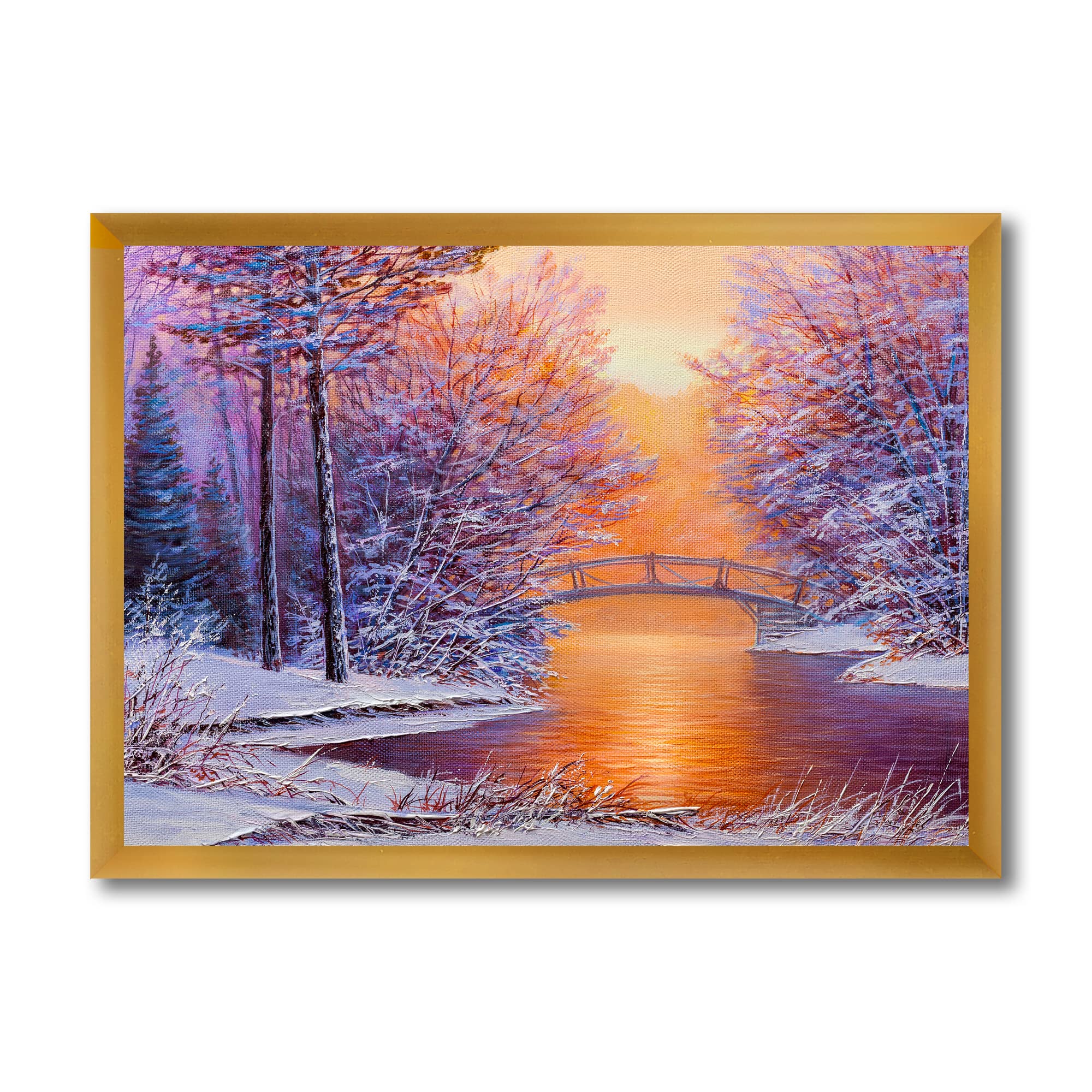 Traditional Framed Winter Landscape Wall Art - Bridge Over River Painting - Perfect for Living Room, Bedroom & Office Decor