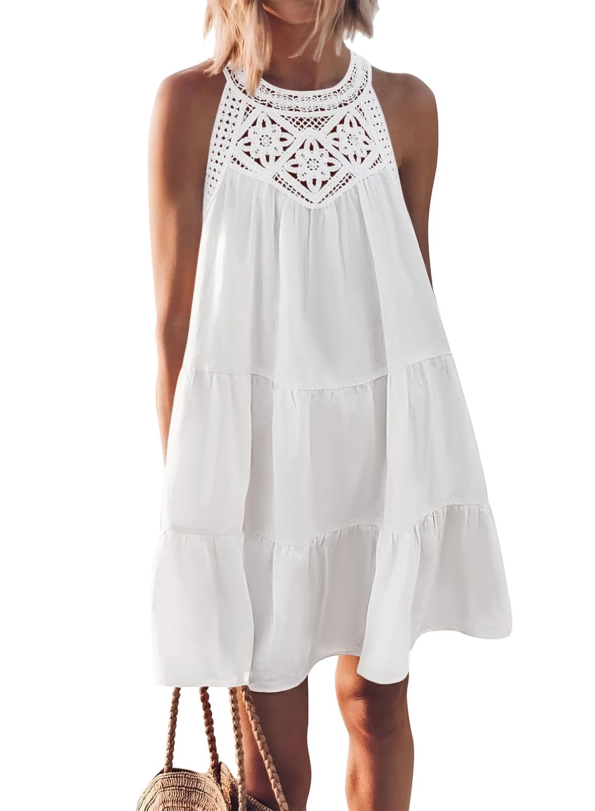 MEROKEETY Women's Summer Flowy Halter Sundress - A-Line Tiered Swing Mini Dress for Beach Vacation, Spring Casual Wear, Pool Party & Outdoor Date Night