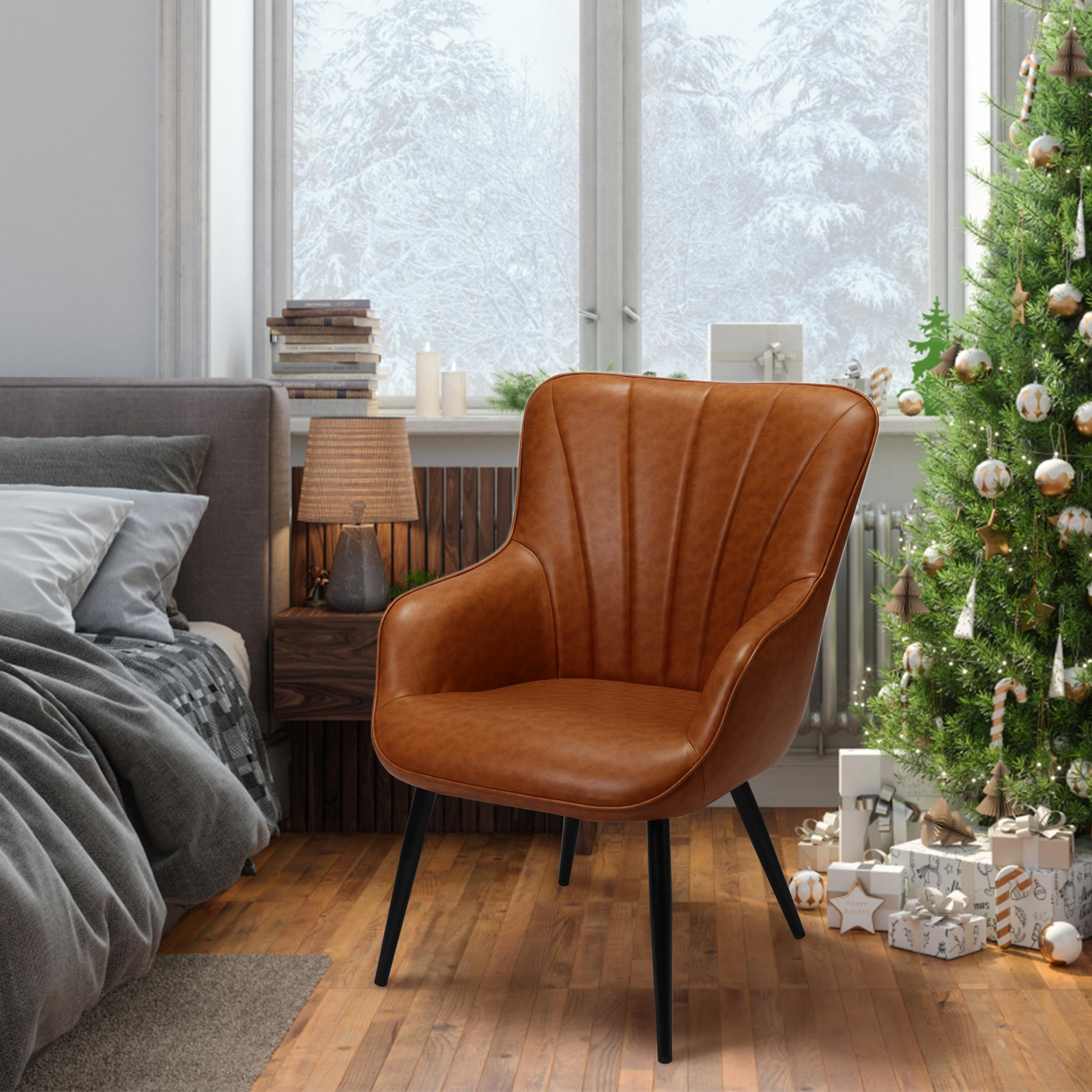PrimeZone Faux Leather Mid Century Modern Accent Chair - Wingback Armchair with Metal Legs for Living Room, Bedroom, Office & Dining Room - Brown, Set of 2 - Perfect for Home Decor, Reading Nook & Guest Seating