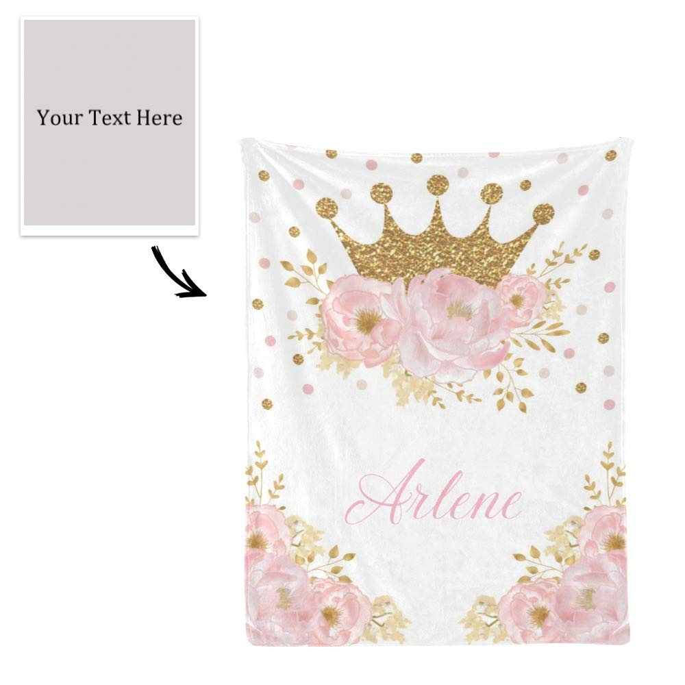 Personalized Pink Floral Princess Gold Crown Baby Blanket with Name - Custom Swaddle Blanket Gift for Newborn Girls & Boys - 30x40 Inches - Perfect for Nursery, Christening & Baby Showers