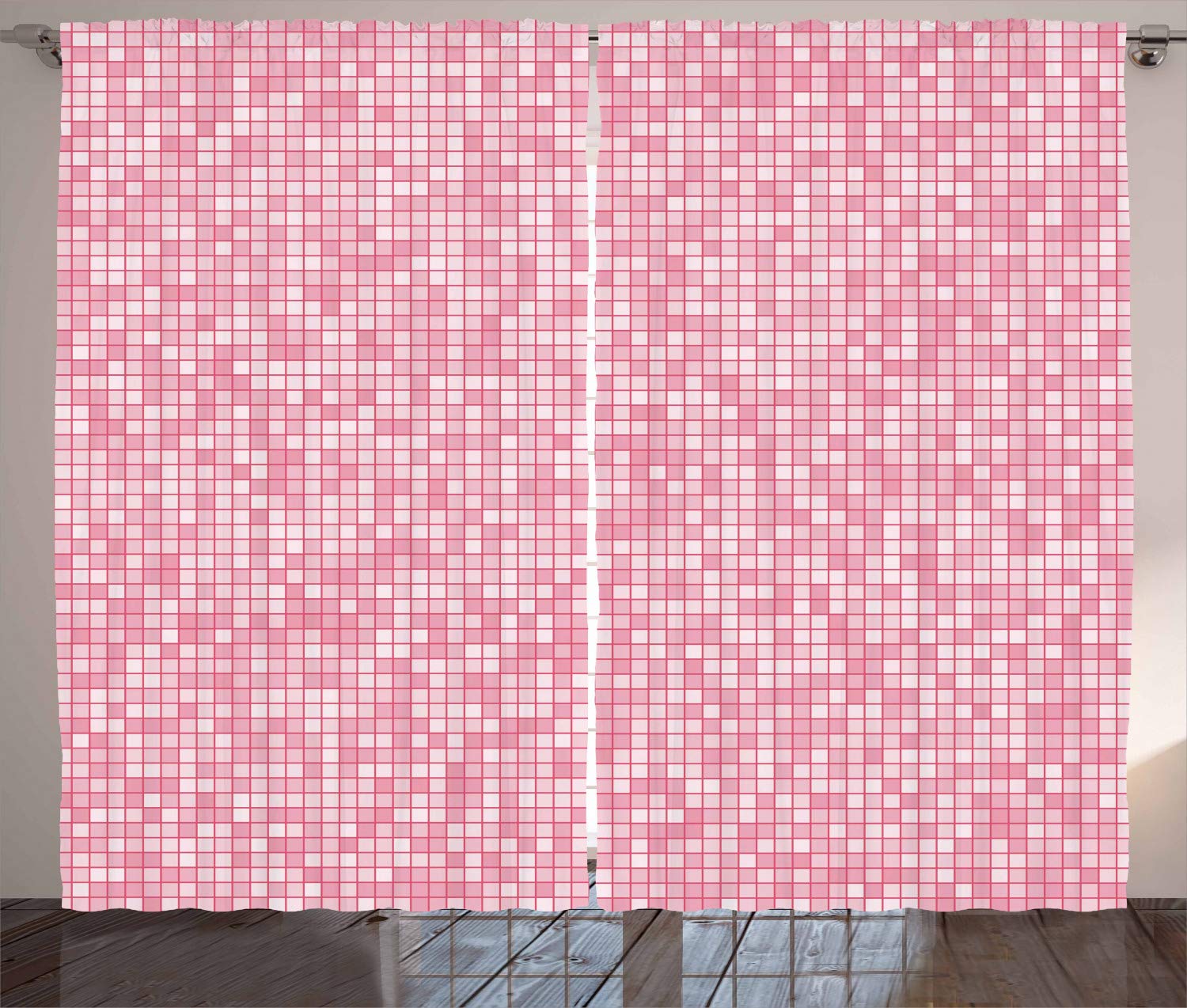 Ambesonne Pink and White Gingham Checkered Curtains - Modern Mosaic Tile Design in Pale Pink Shades, 2 Panel Set (108