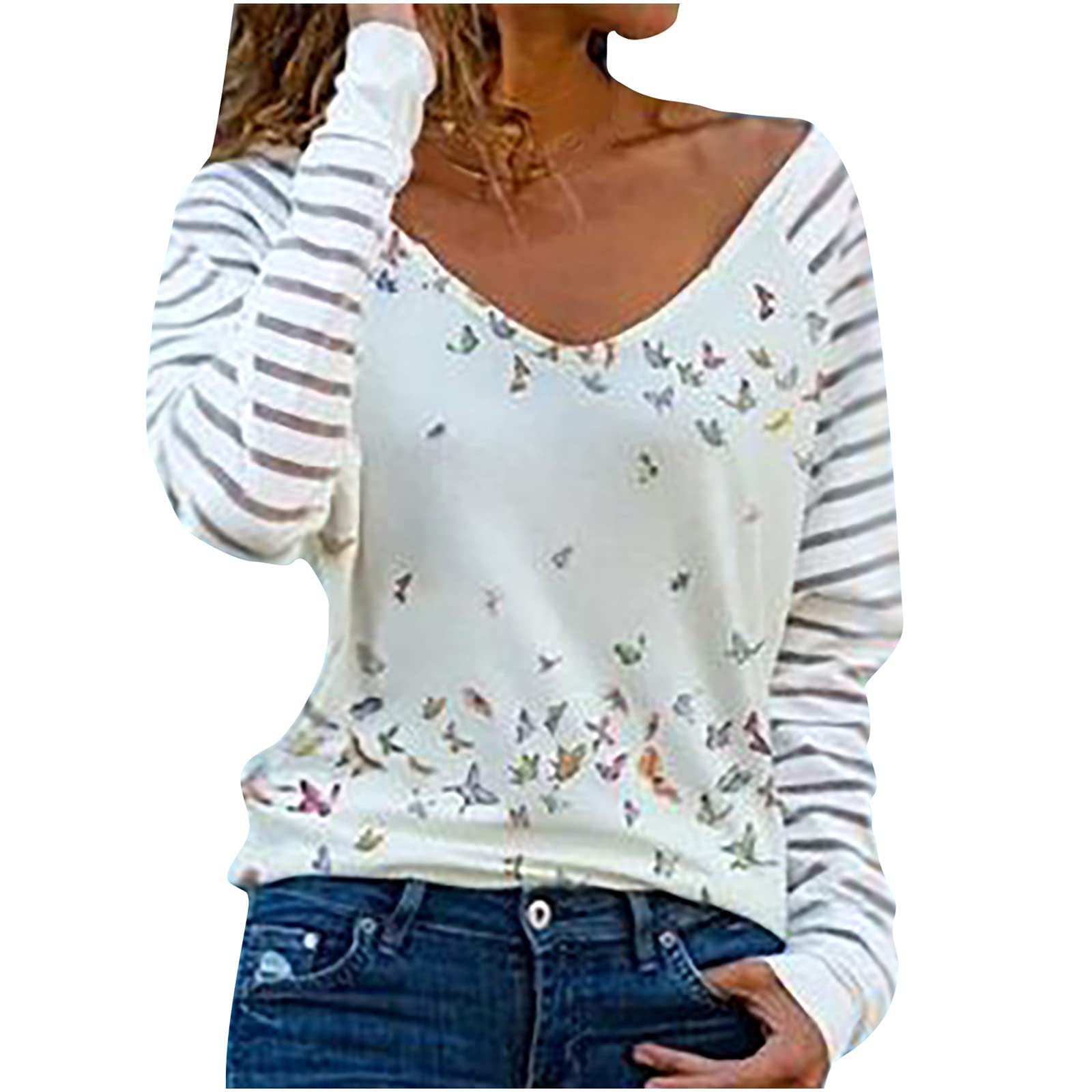 Weiheng Women's 2021 Fall V-Neck Long Sleeve Blouse - Sexy Casual Butterfly Floral Print Loose Tunic Top with Striped Design in White | Perfect for Office Wear, Date Night & Autumn Outfits