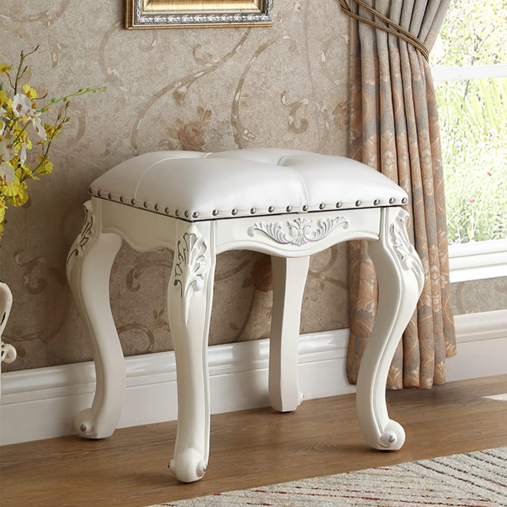 Wooden Vanity Chair Stool with Leather Padded Cushion - Stylish Rivet Design Piano Bench for Makeup Dressing (42x34x45cm) - Perfect for Bedroom, Bathroom & Dressing Room