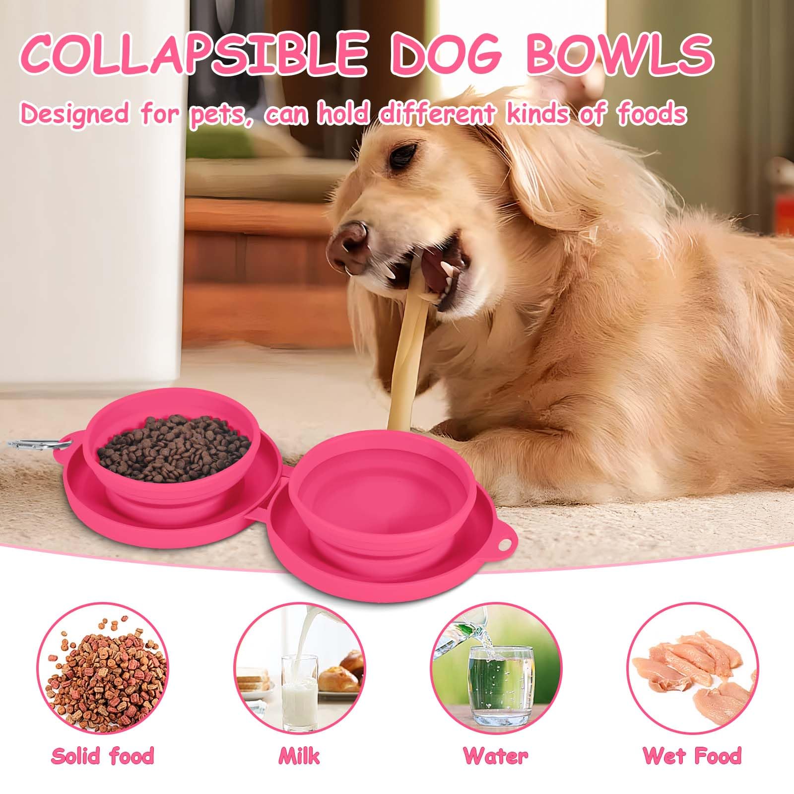 Foldable Collapsible Dog Water Bowl - 2 in 1 Portable Pet Food and Water Dish for Cats & Dogs with Carabiner Clip - Perfect for Travel, Hiking, Camping, Walking, Outdoor Adventures (Pink)